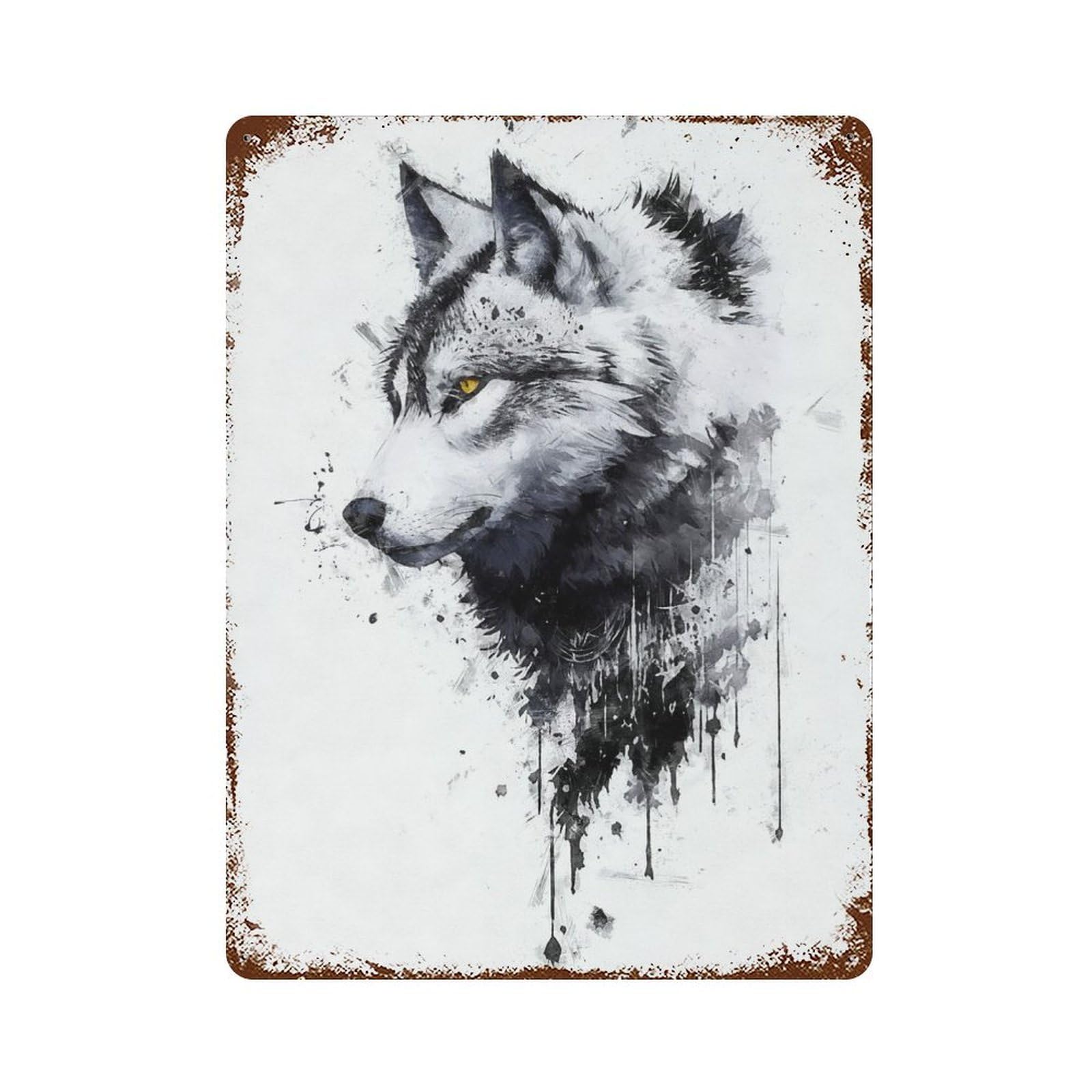 Rustic Tin Plaque Ink Wolf 15.7"x11.8", Rustic Home Decor for Office, Studio And Wall Decor