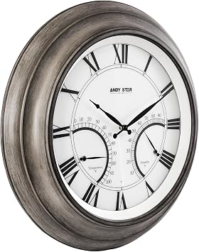ANDY STAR 24 Inch Outdoor Clocks Waterproof,Large Outdoor Wall Clocks for Garden Patio Pool, Modern Lighted Metal Clock Battery Operated with Thermometer&Hygrometer, Gray Oak Wooden Non Ticking