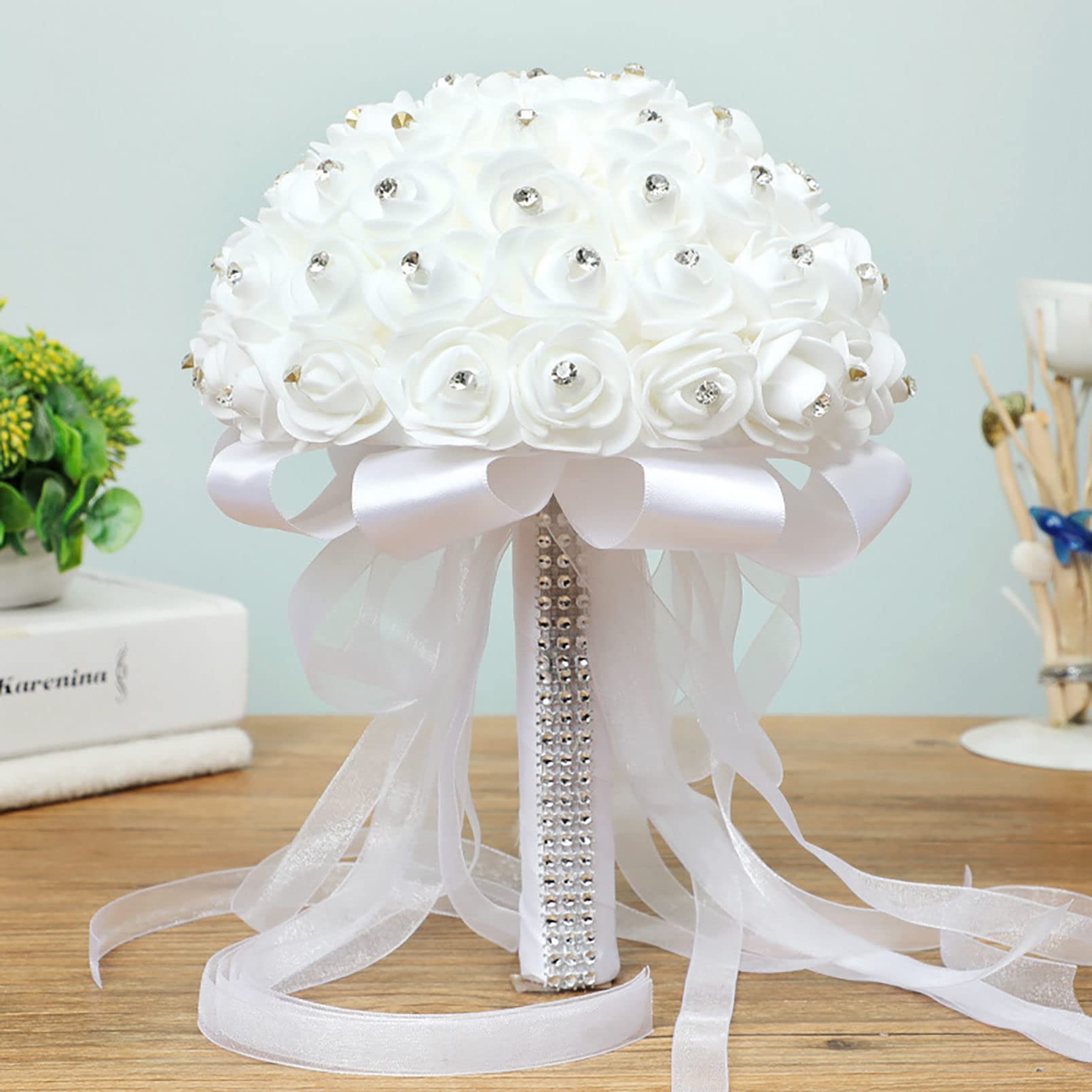 MUNACRAFT Bouquet da sposa con perline di perle, bouquet da sposa in raso verde erba, rose in possesso di fiori da sposa, avorio, diametro 15 cm