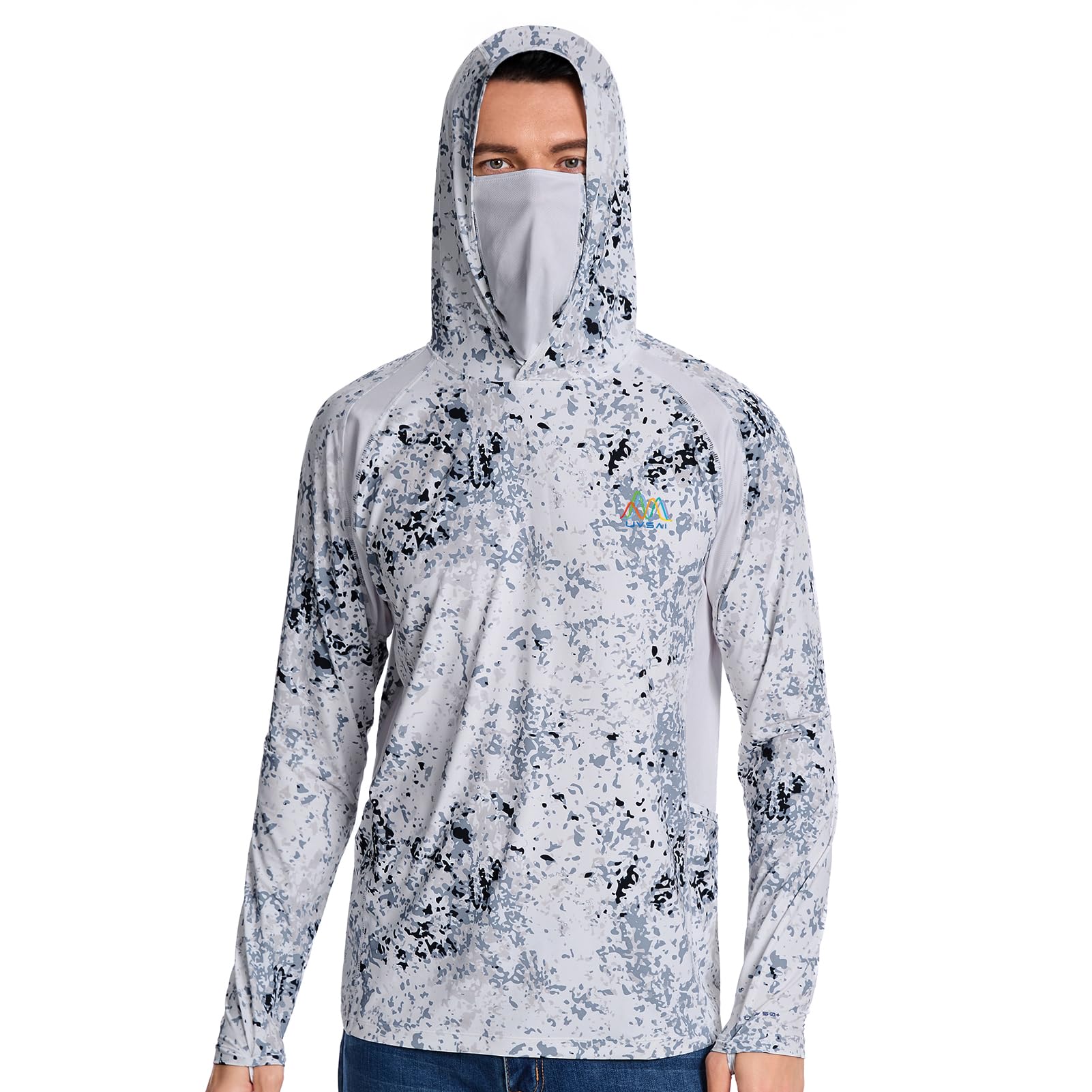 Men’s UPF 50+ Hoodie Shirt with Mask Long Sleeve Permanent UV Sun Protection Neck Gaiter Performance T for Outdoor