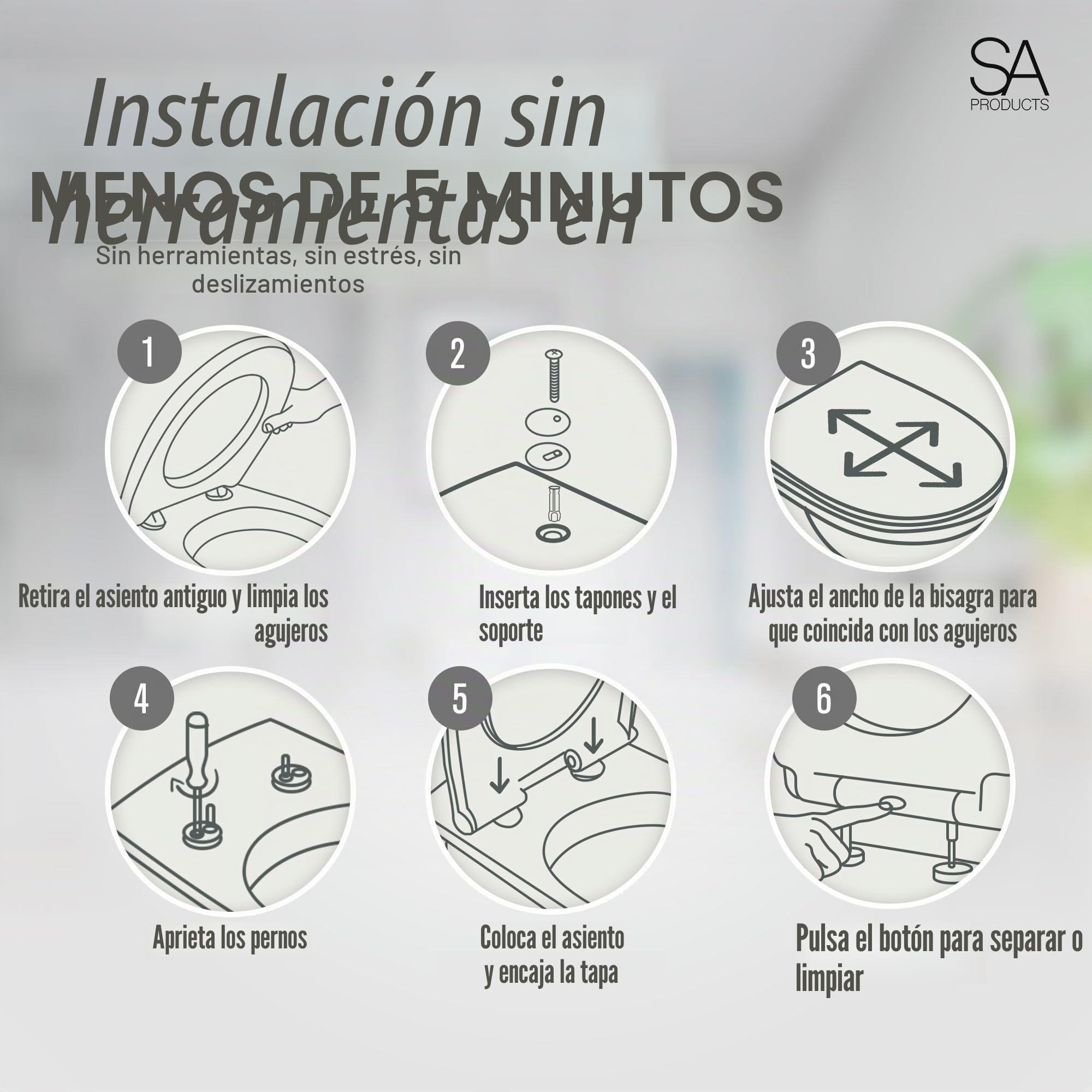 SA Products Tapa WC Universal Ovalada con Cierre Suave y Liberación Rápida, Asiento de Inodoro de Termoestable con Bisagras ABS y Tornillos, 44,1 x 36,5 x 5 cm, Blanco, Fácil Limpieza e Higiene
