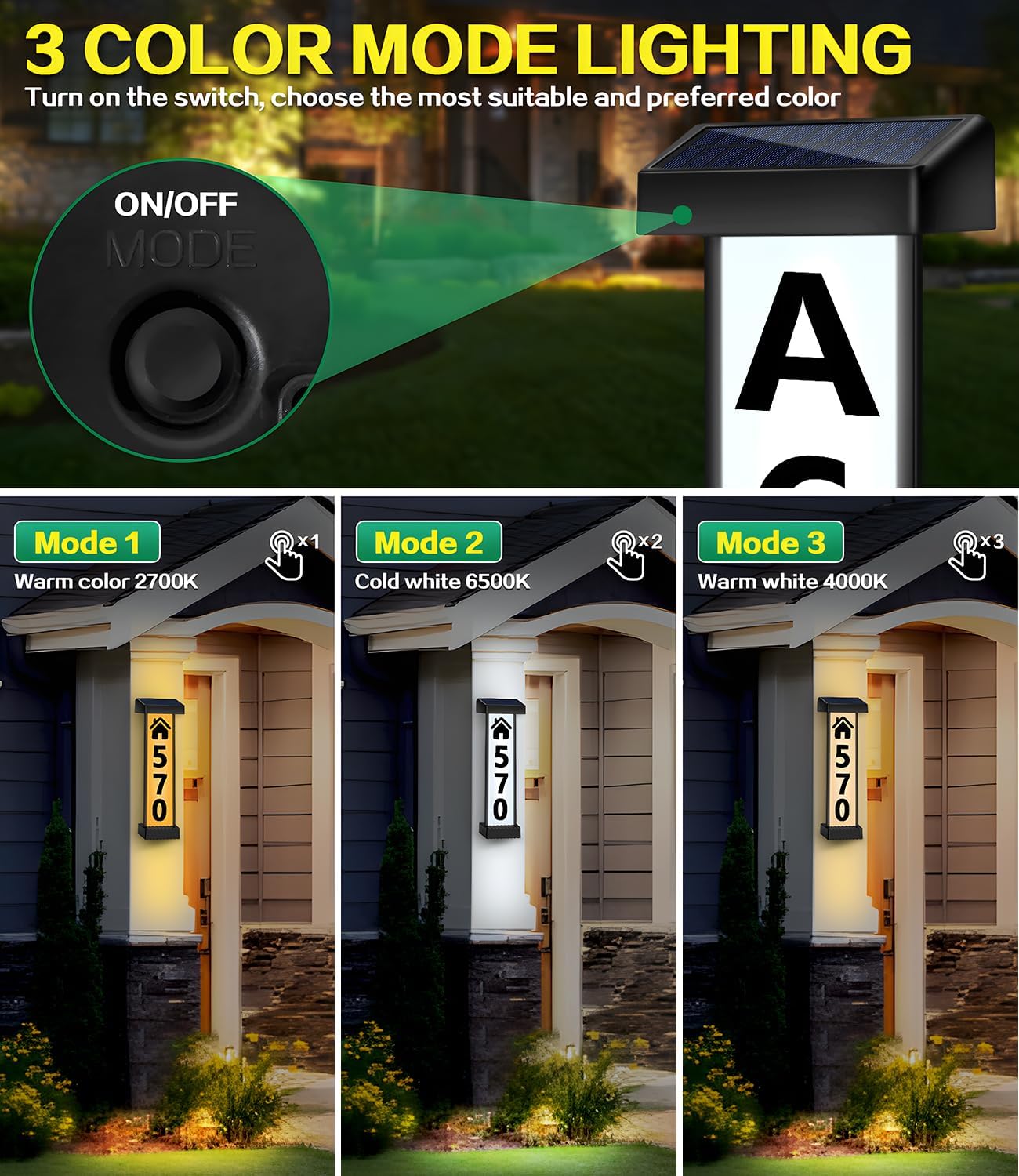 DBF Solar Address Sign, Dual-Sided House Numbers for Outside Waterproof, 3 Colors LED Illuminated Solar Powered Address Plaque with Stakes, Outdoor House Number for Yard Street Home Garden, Vertical