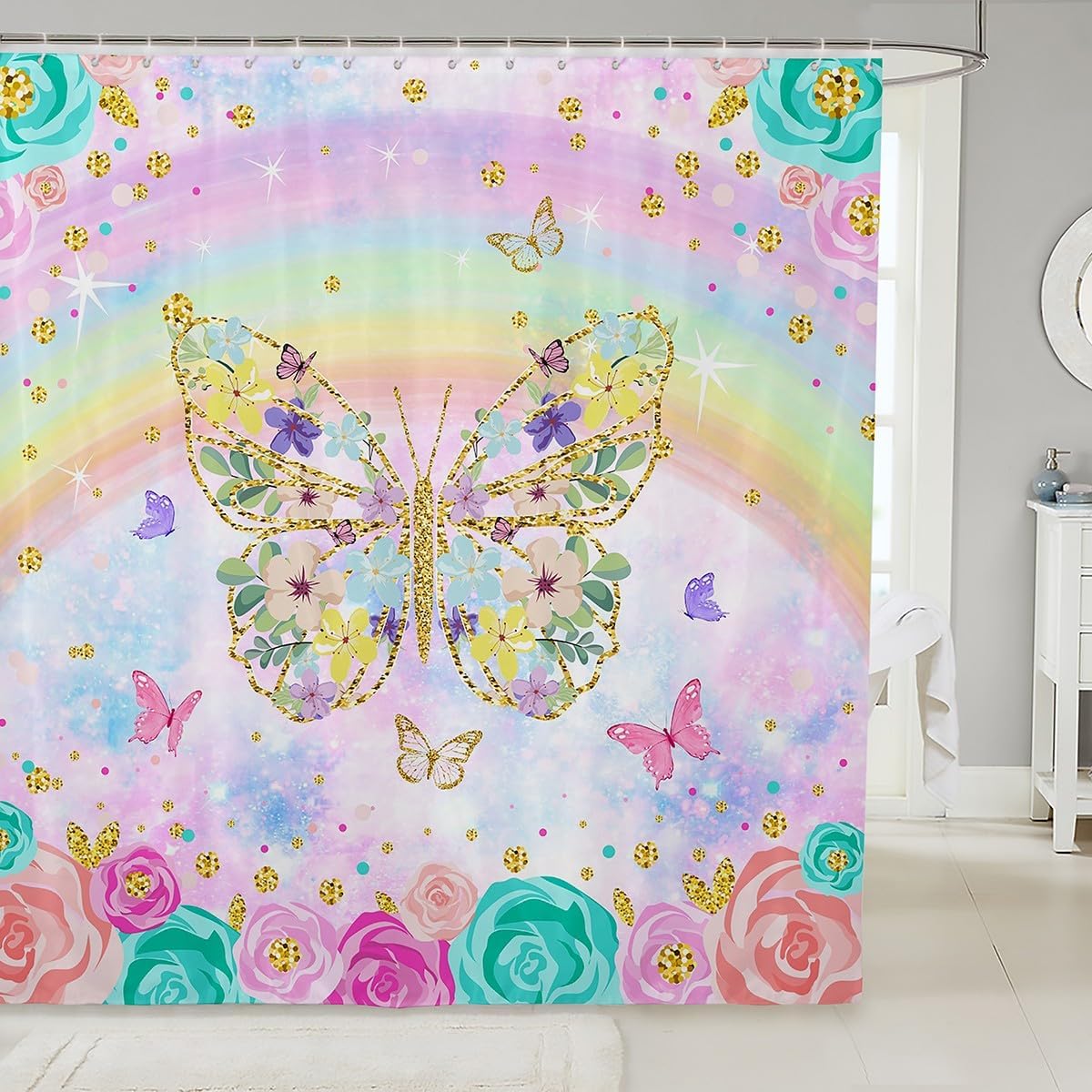 Decorative Butterfly Shower Curtain Waterproof Polyester Fabric,Watercolor Flowers Bath Curtain Home Bathroom Decor Hanging Curtain with Hooks 72 x 78 Inch,Machine Washable