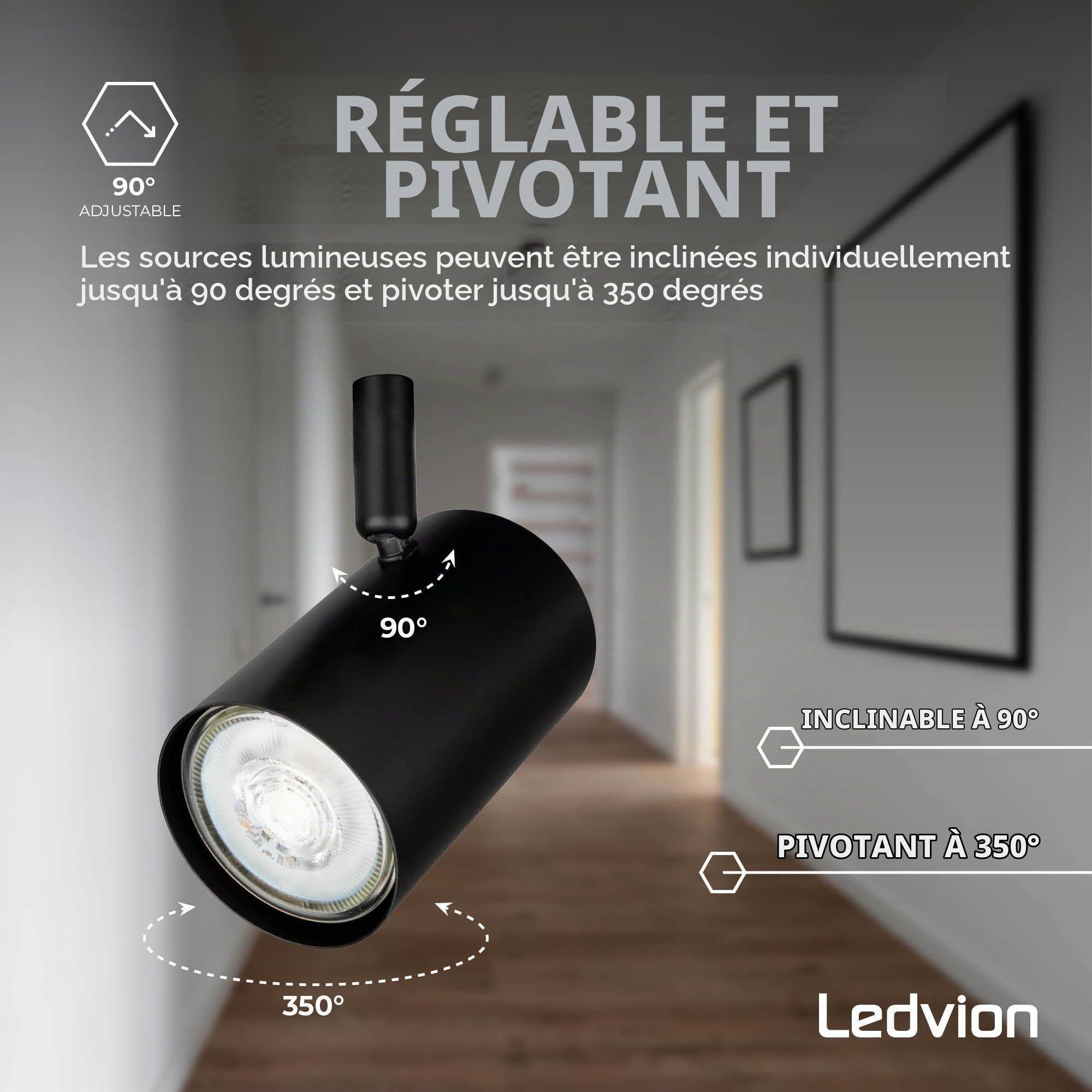 Ledvion Spot LED Plafond Noir 4 spot Rectangulaire GU10 sans ampoule