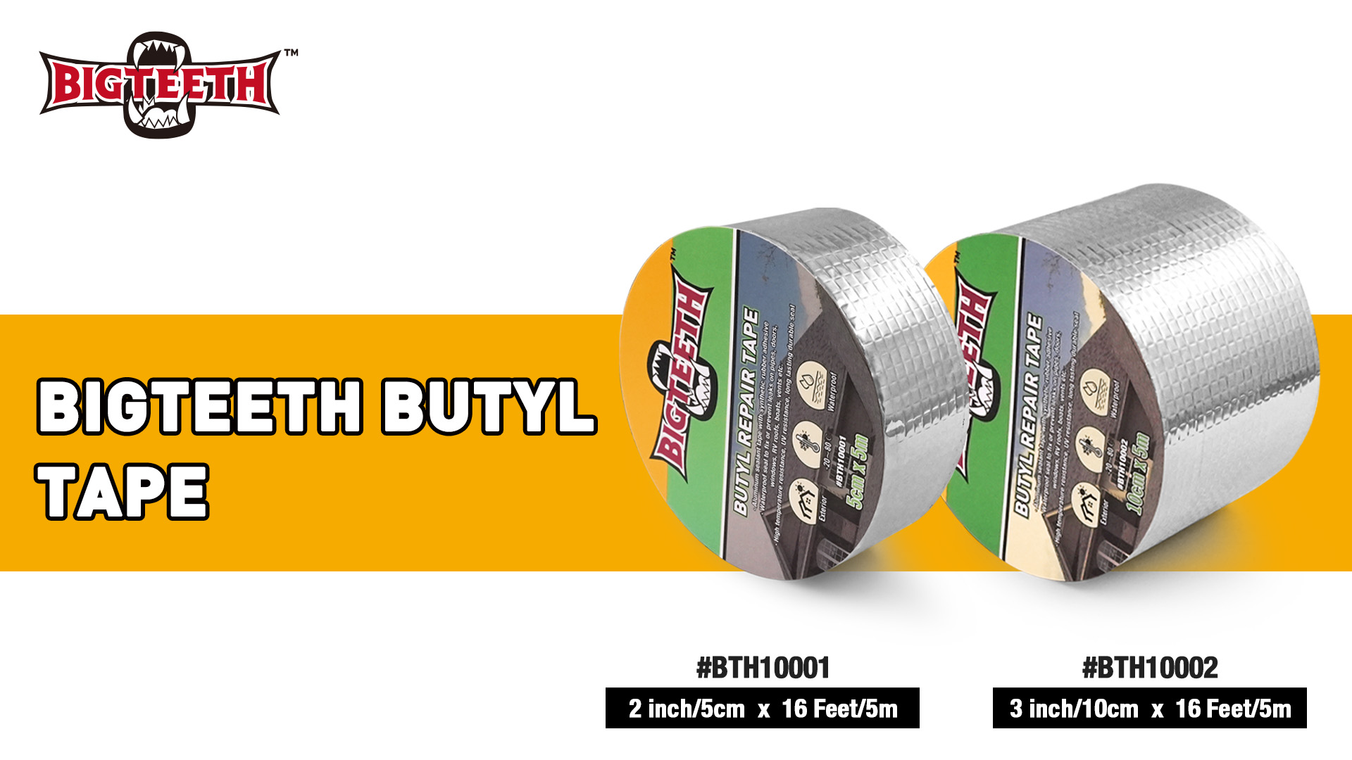 Image of BIGTEETH Aluminum Butyl Waterproof Tape 2 inch x 16 feet | Aluminum Foil Repair Tape for Pipes, Doors, Windows, RV Roofs, Boats, Vents, etc