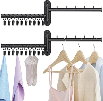 Wall Mounted Drying Rack, 2-Tier Laundry Drying Rack with Swing Arm, Space-Saving Foldable Laundry Clothes Hanger with 10 Clips for Laundry Room Closet Organizer Bathroom Bedroom 2 Pack