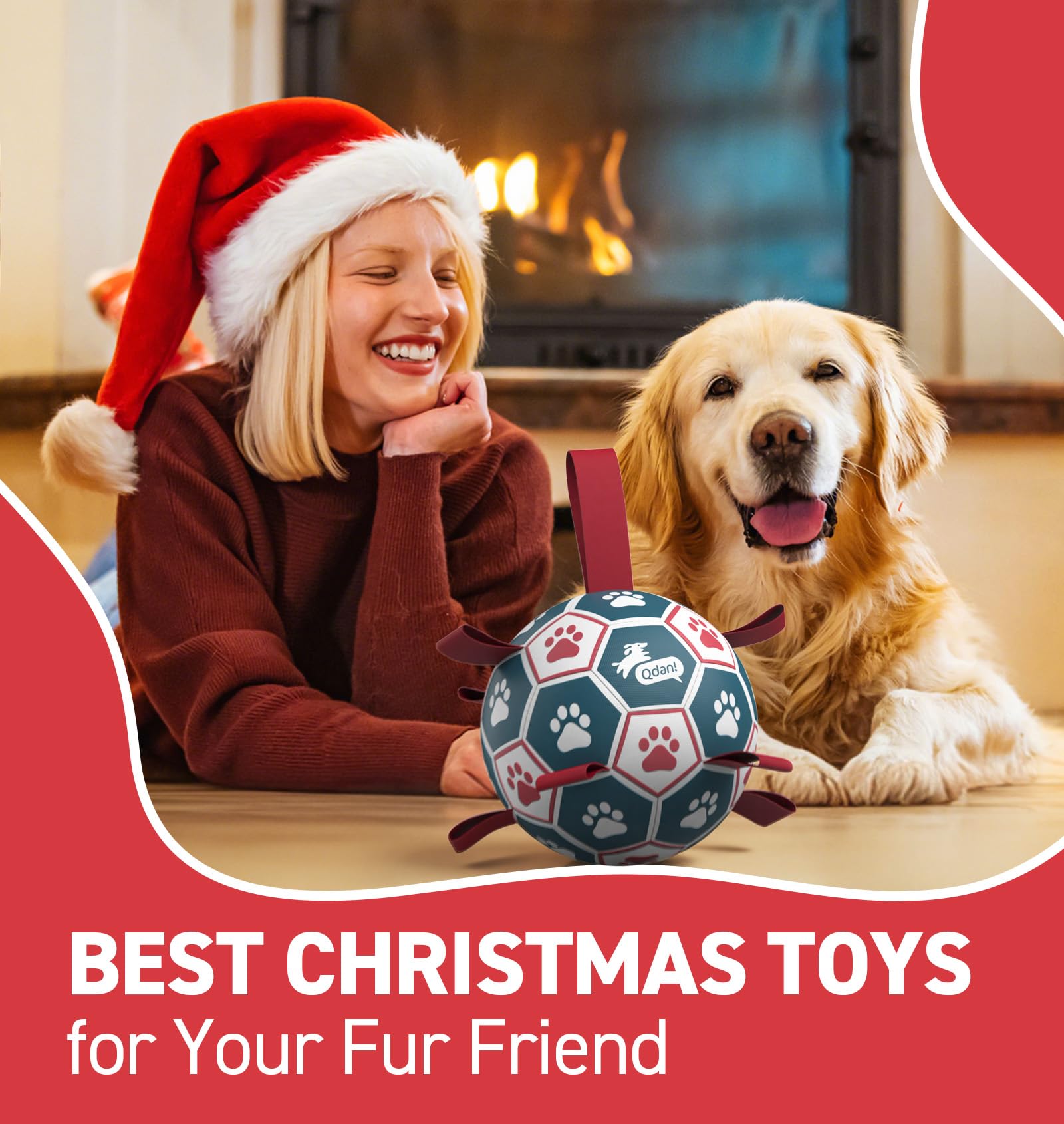 Dog Soccer Ball 6" Medium Red-Blue Interactive Herding Puppy Toy with Straps