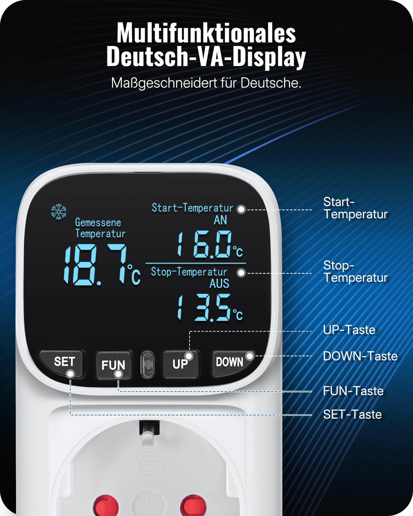 Regolatore di temperatura tedesco, spina 230 V con sonda, interruttore di temperatura digitale, presa termostatica, display LCD VA, 4 modalità di tempo, per serre, frigoriferi
