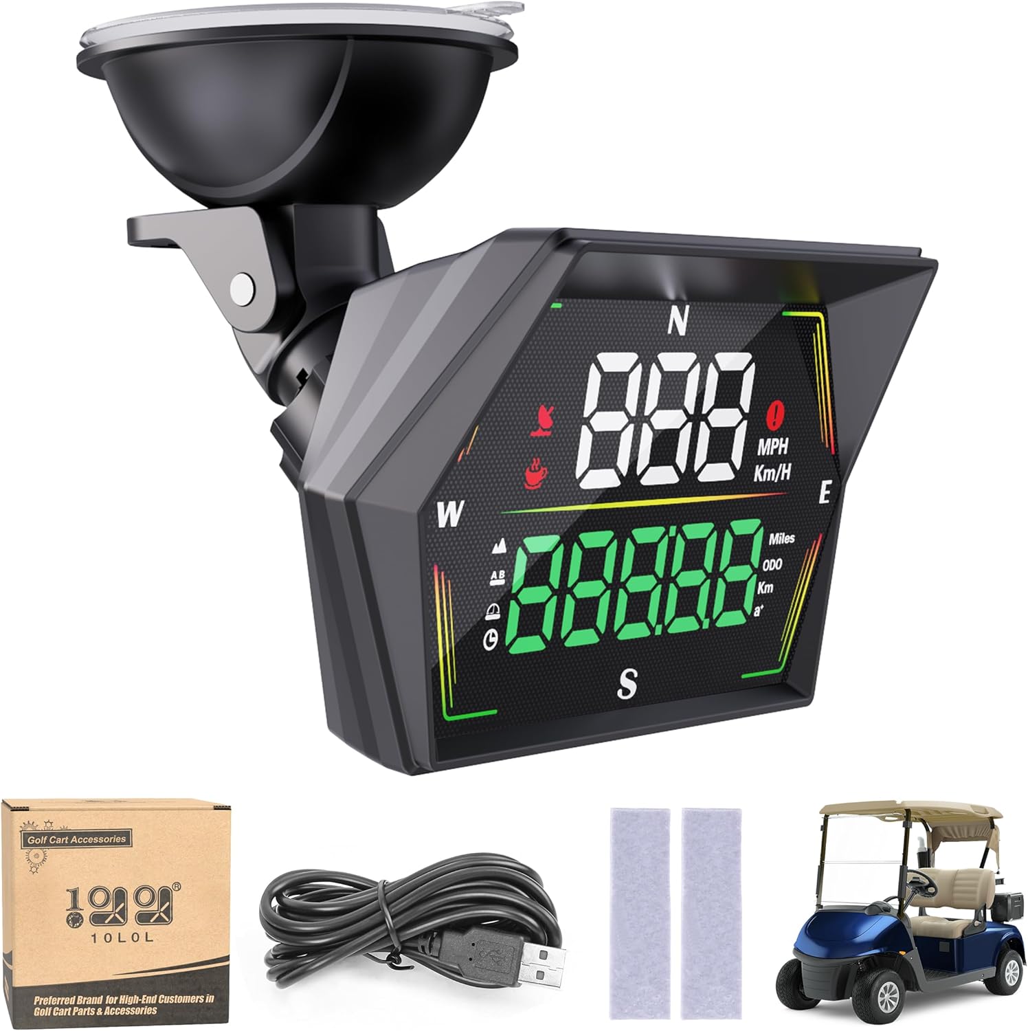 Package contents of the 10L0L Golf Cart GPS Speedometer, including the main unit, USB cable, and adhesive pads.