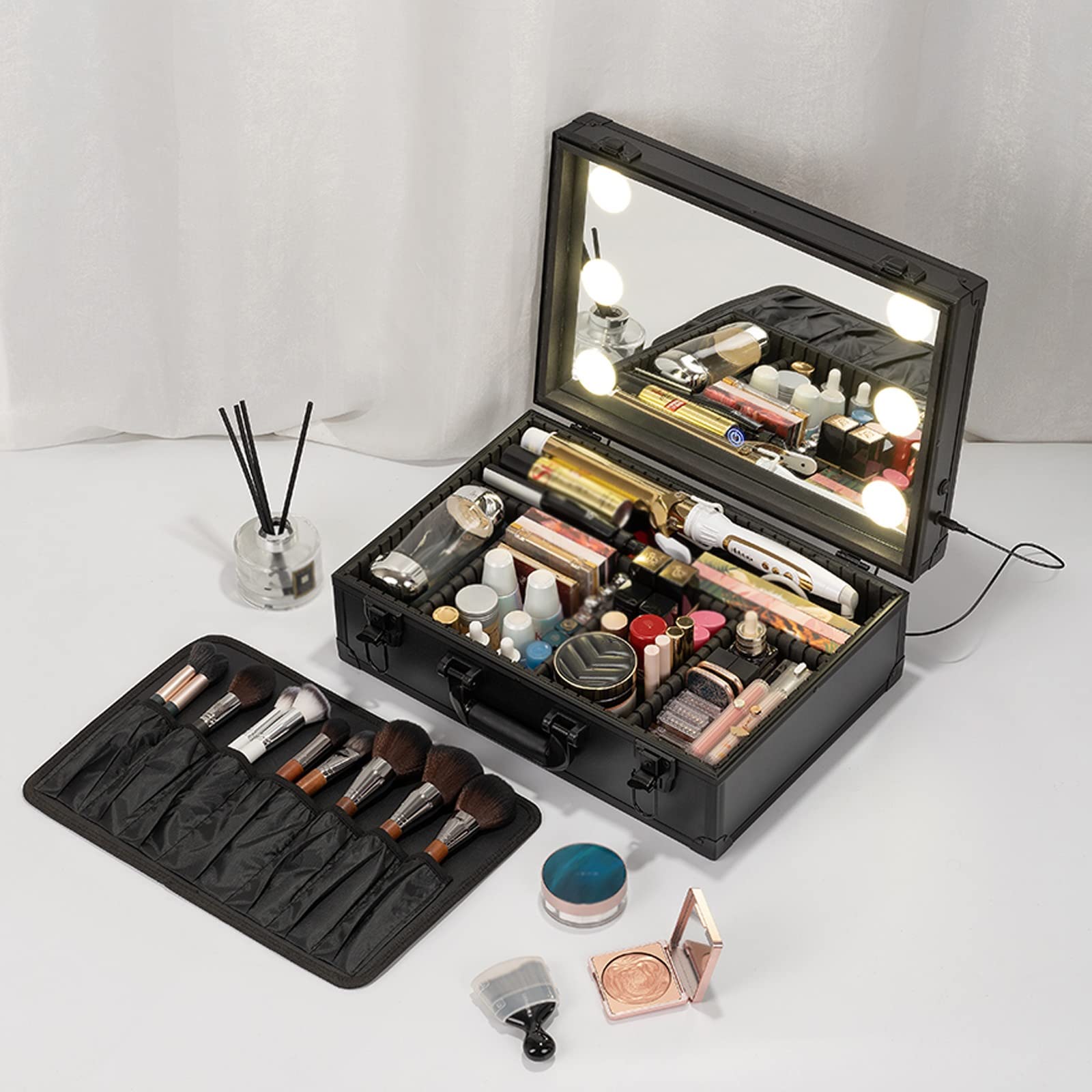 Custodia Per Trucco Da Viaggio Professionale Borsa Cosmetica Trucco Treno Borsa Organizer Per Attrezzi Da Parrucchiere Con Scomparto Regolabile, Astuccio Per Cosmetici Con Luce E Specchio,Nero