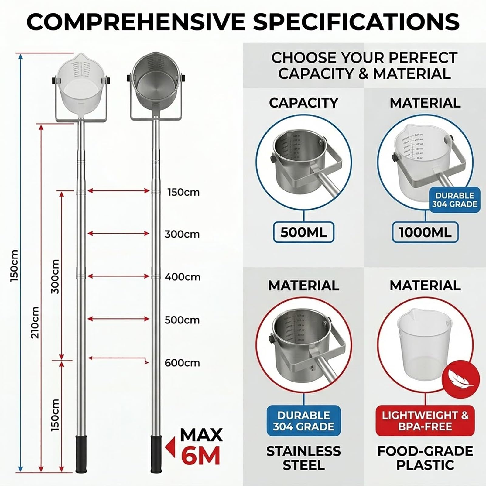 Wasserproben-Sammelstange mit 16,9-Unzen-Messbecher – tragbares Verlängerungs-Probenahmeset for die Fabrikwerkstatt River(Plastic (1000ml),300cm/118in)