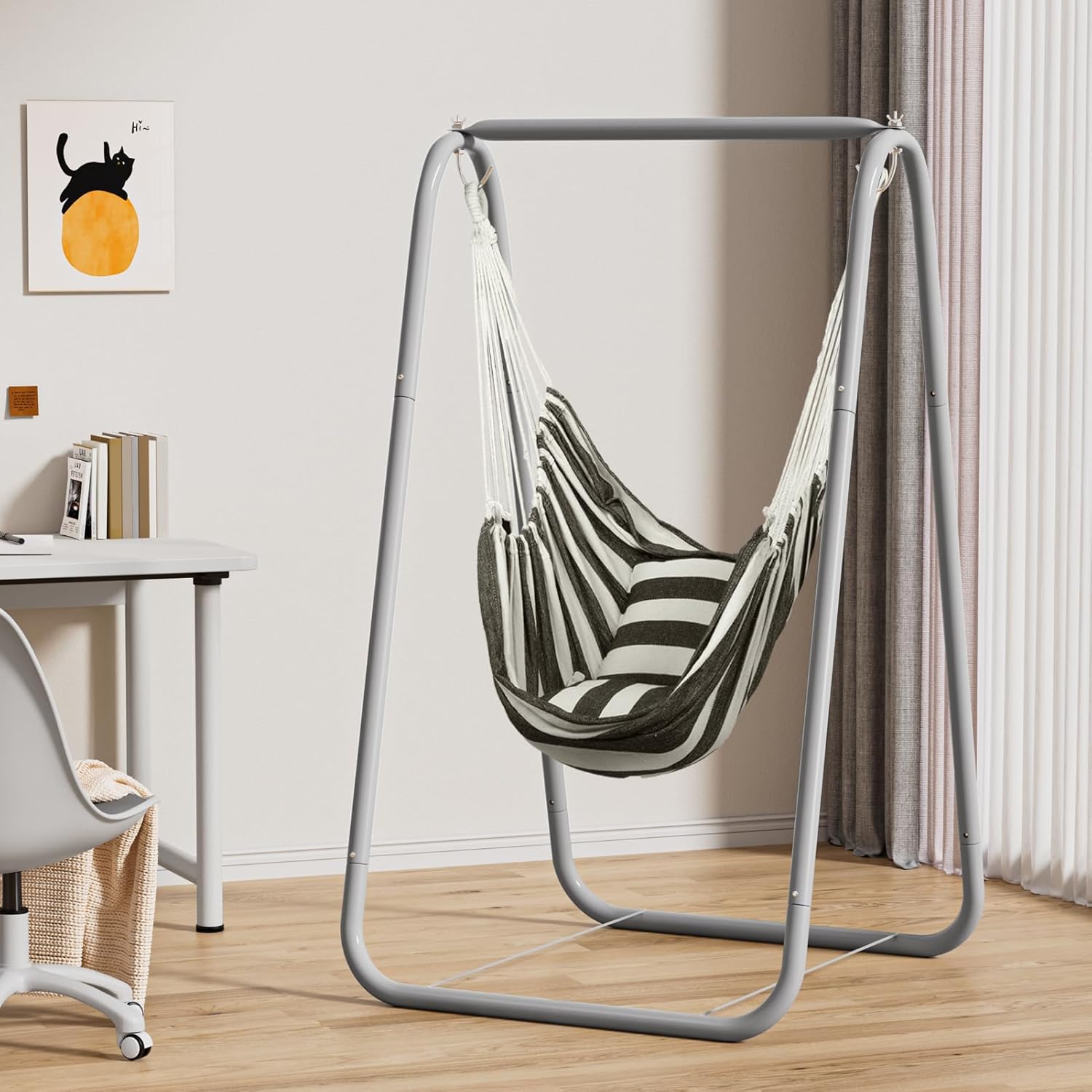 Hammock Chair Stand, Steel Hammock Stand with 2 Hooks Fit for Most Hanging Chairs,Multi-Use Swing Stand for Outdoor Indoor Black