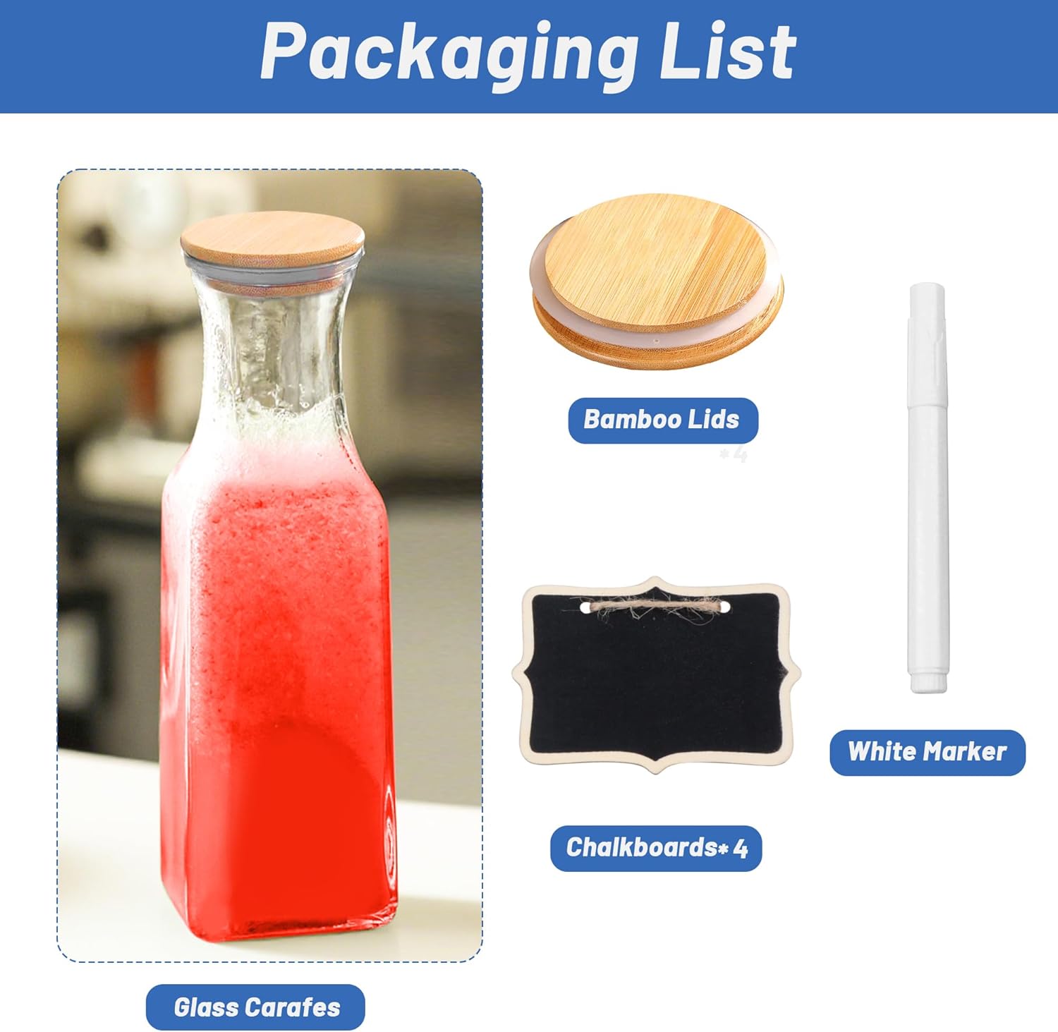 35 Oz Square Glass Carafe with Bamboo Lid, Beverage Dispensers,Mimosa Bar Supplies,Clear Glass Pitcher with Name Labels for Iced Tea,Coffee,Juice(Pack of 2) - Image 3