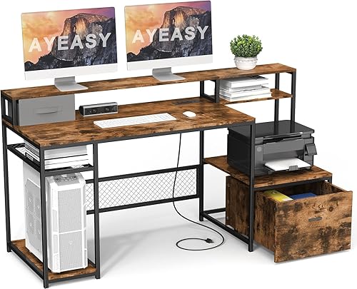 Miniatura 9 de Escritorios de oficina en casa con cajones, escritorio para computadora de 66 pulgadas con almacenamiento, escritorio de oficina con soporte para