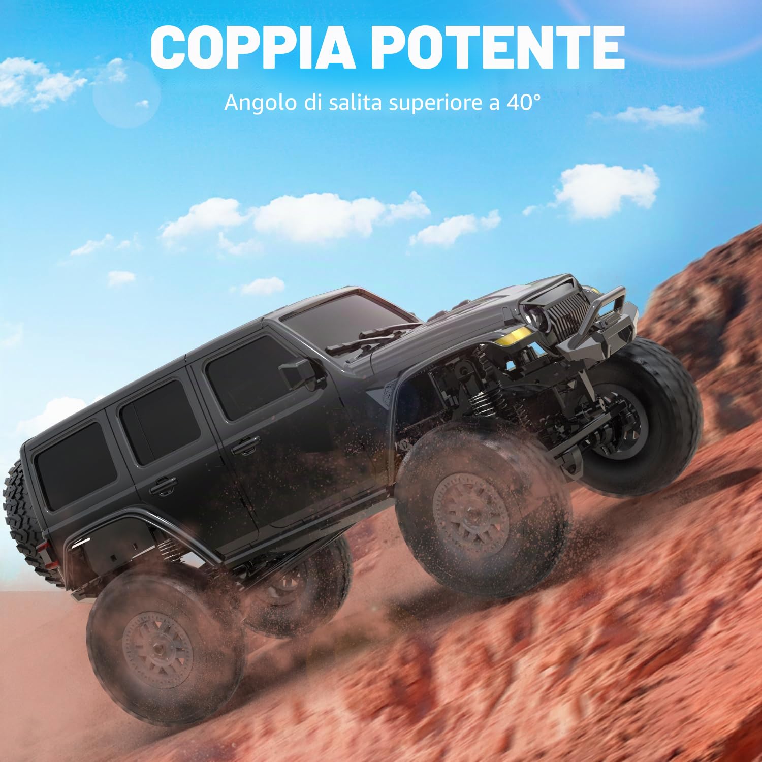 FLYCOLOR RCS24 Off Road 1/24 RC Truck 4x4 Off Road Crawler veicolo da arrampicata All Terrain RC Monster Truck telecomando auto con faro luminoso 2 batterie impermeabile giocattolo hobby (RTR nero)