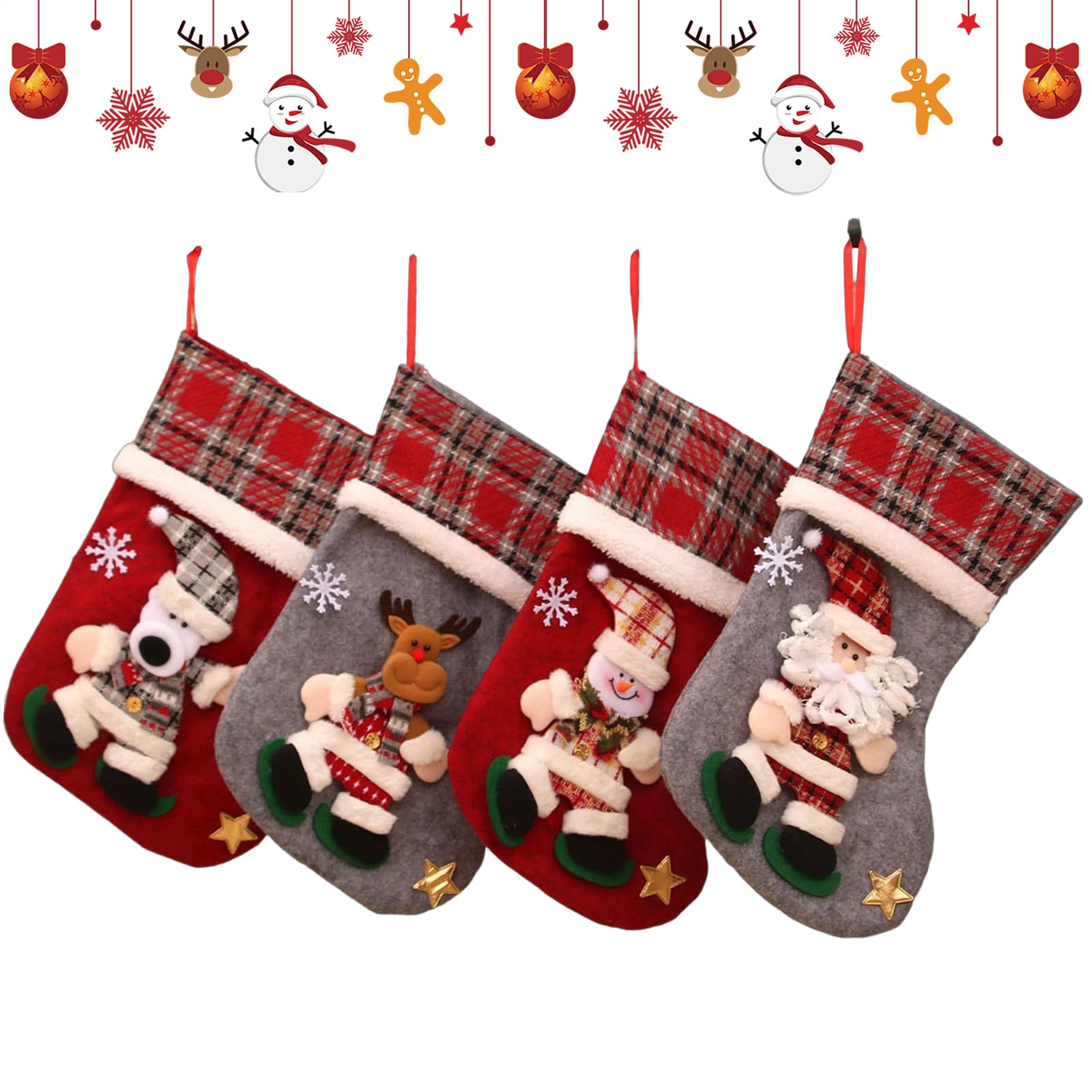 Bas de Noël 3D en lot de 4 chaussettes de cheminée bonhomme de neige et renne