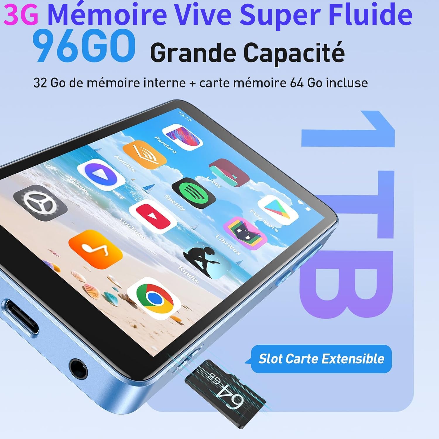 AGPTEK 96Go MP4 Bluetooth WiFi, Android 14 Lecteur Musique Spotify 3G RAM