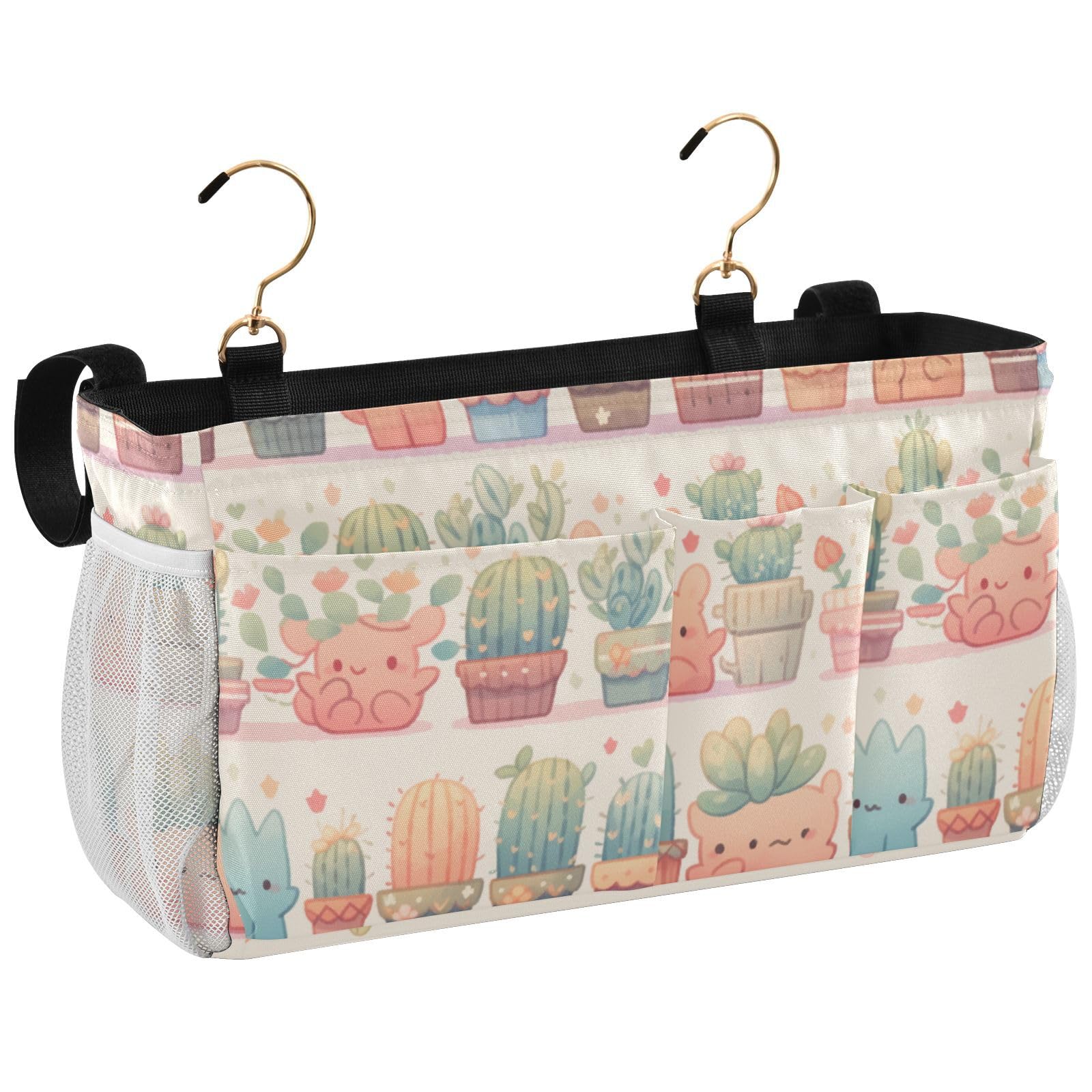 FRODOTGV Bedside Storage Caddy Cute Cactus Tropical Style Bed Storage Bag With Pockets Hanging Organizer for Water Bottles, Magazines, Phone, Glasses