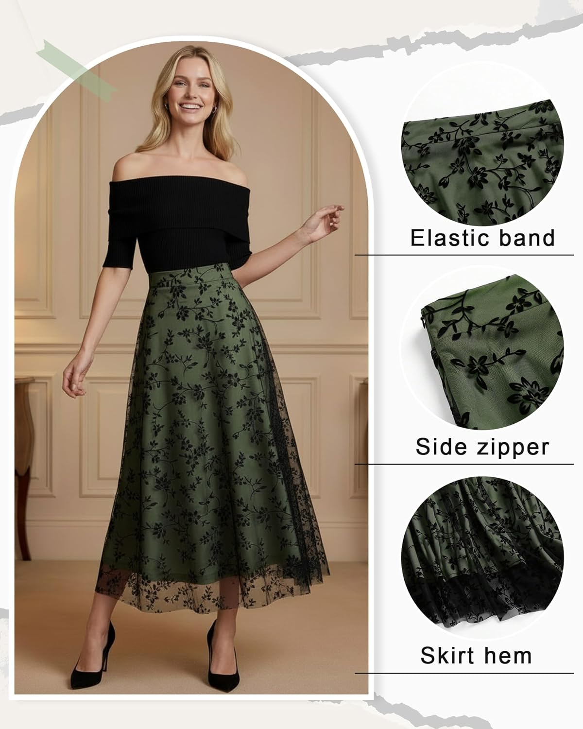 Women Floral Mesh Midi Skirt Boho High Waist Layered Tulle Skirt Flowy A-Line for Spring Fall Travel Wedding Date - Image 7