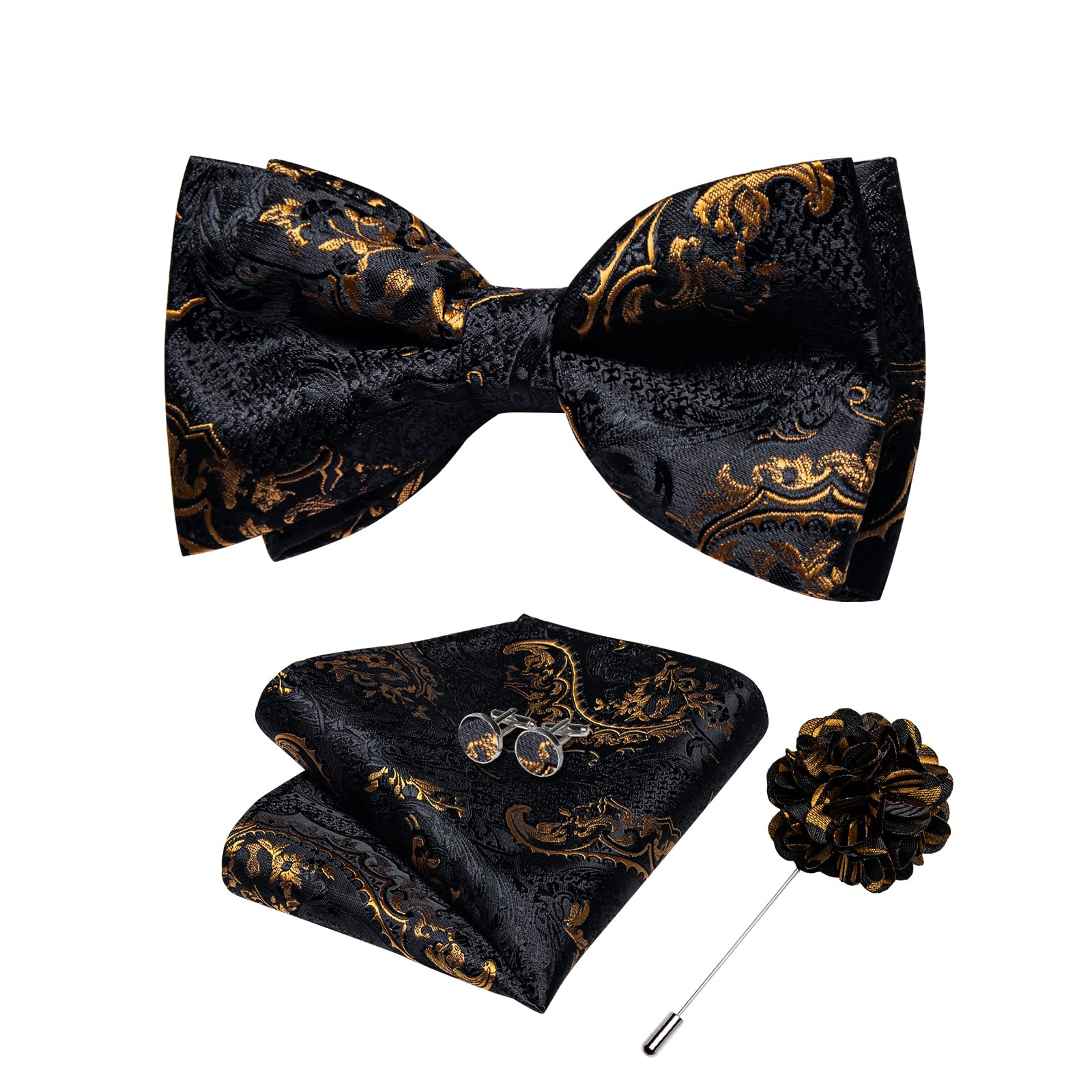 DiBanGuSilk Paisley Bow Tie for Men with Pocket Square Lapel Pin Cufflinks Pre-tied Bowtie Set for Wedding Party Prom