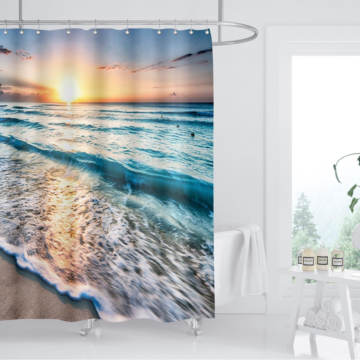 Ocean Shower Curtain Sand Beach Waves Sunrise Lanikai Theme Colorful Offshore Pacific Scenry Pattern Waterproof Fabric Bathroom Decor Set 72x72 Inch Plastic Hooks 12 Pcs Blue