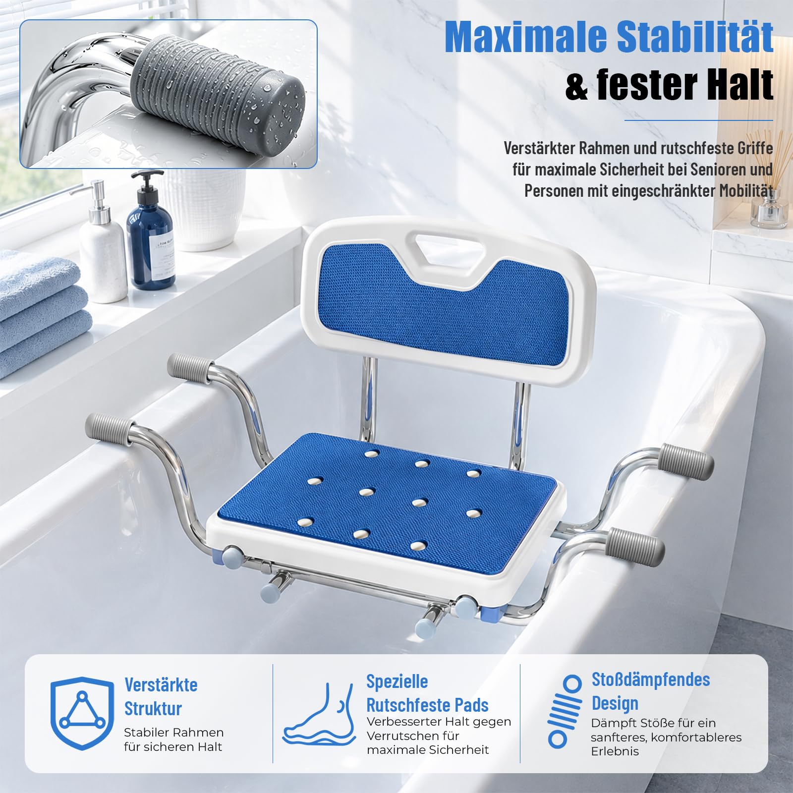 Asiento de bañera, taburete antideslizante para personas mayores con respaldo, soporta hasta 136 kg, silla de bañera para baños familiares, ancho de 76 a 86 cm, variable, para dimensiones interiores