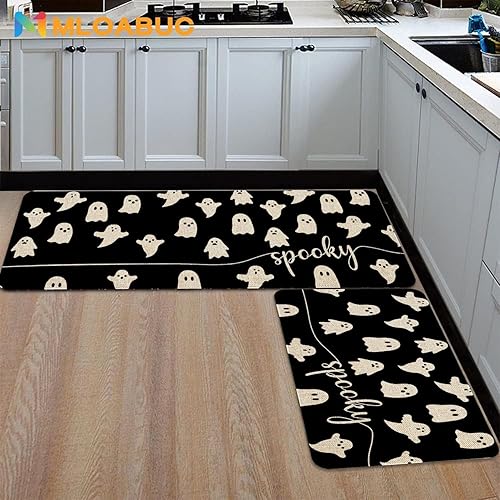 Miniatura 4 de Mloabuc Happy Halloween - Juego de 2 tapetes de cocina, alfombra de cocina decorativa negra espeluznante con texto divertido, alfombra de piso