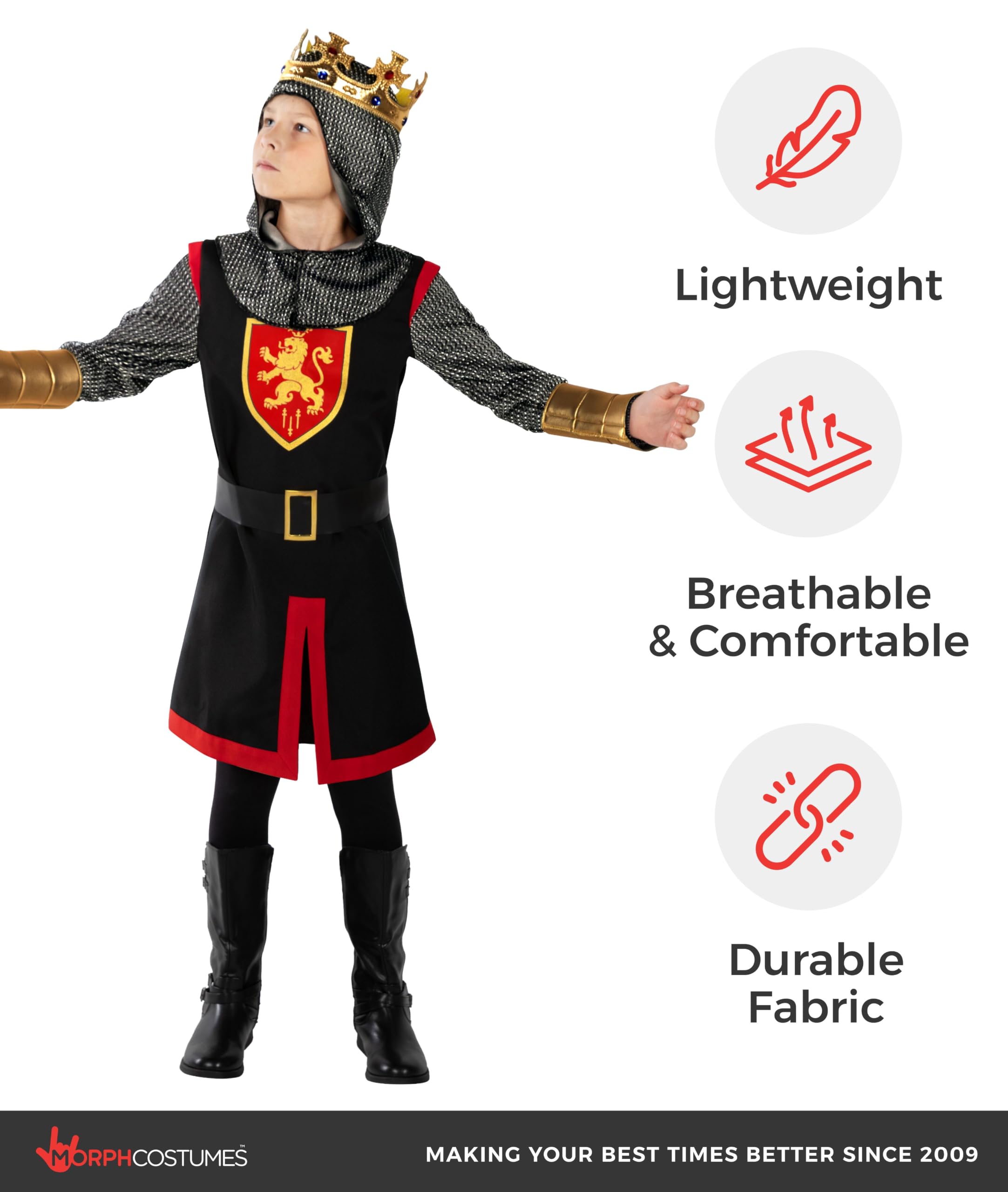 Morph Costume Cavaliere Bambino, Costume Medievale Halloween Bambino | Tunica, Cappuccio, Corona, Cintura & Guanti, Perfetto per Halloween, Ideale per il Gioco di Ruolo