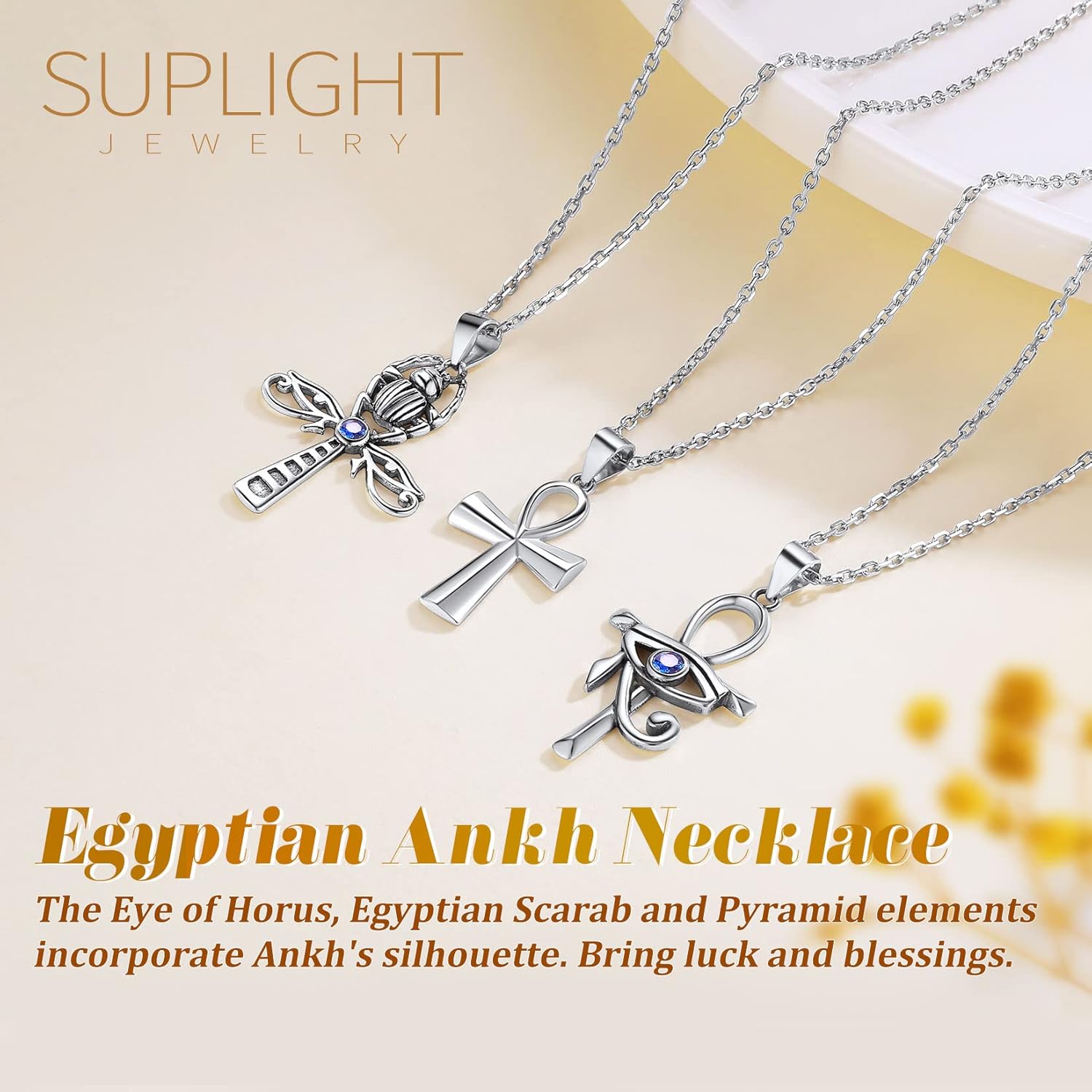 Suplight 925 Sterling Silver/Stiainless Steel Eye of Horus, Key of Life Ankh Cross, Snake Cross, Anubis God of Death Necklace Ancient Egyptian Pendant Necklace for Men Women Jewelry (with Gift Box) - Image 6