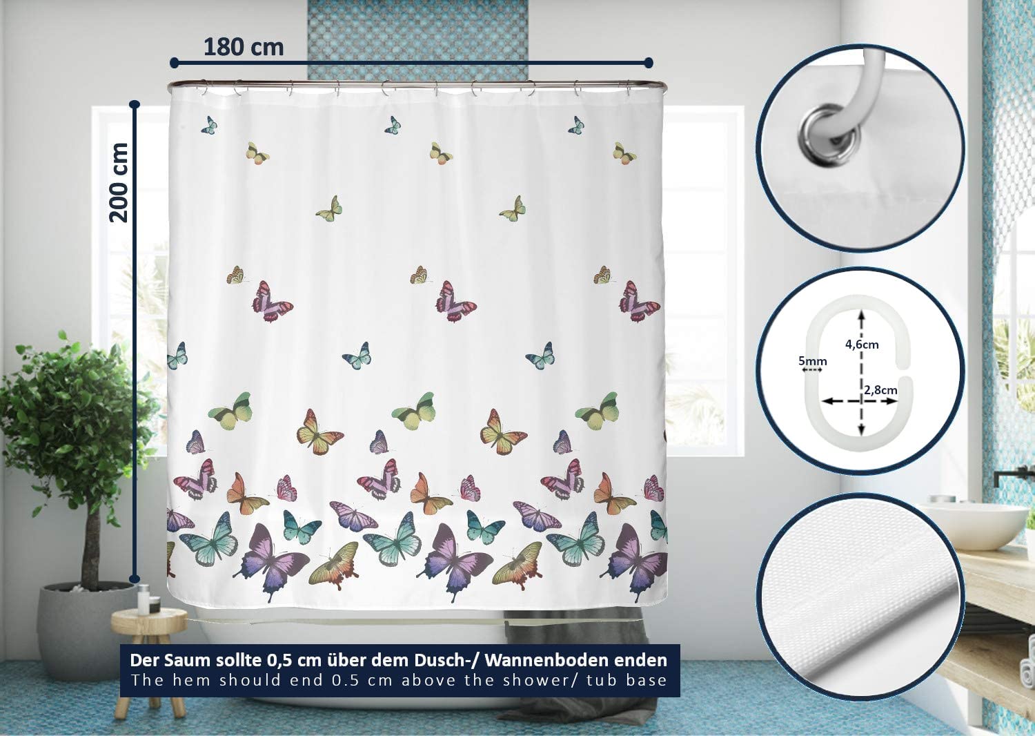 Tenda Da Doccia A Farfalle - 180x180 Cm, Impermeabile, Con Ganci, Design Blu Foresta - Foto 9