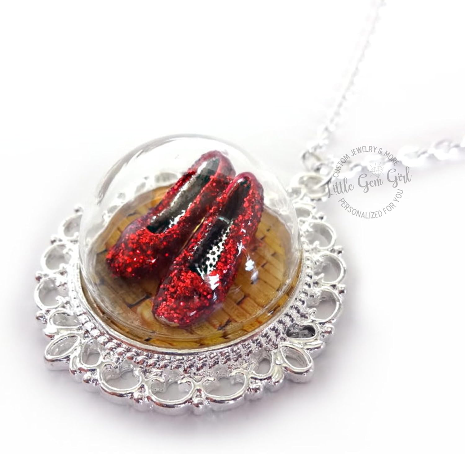 The Wonderful Oz Ruby Red Slippers on the Yellow Brick Road Glass Dome Necklace in Bronze or Silver