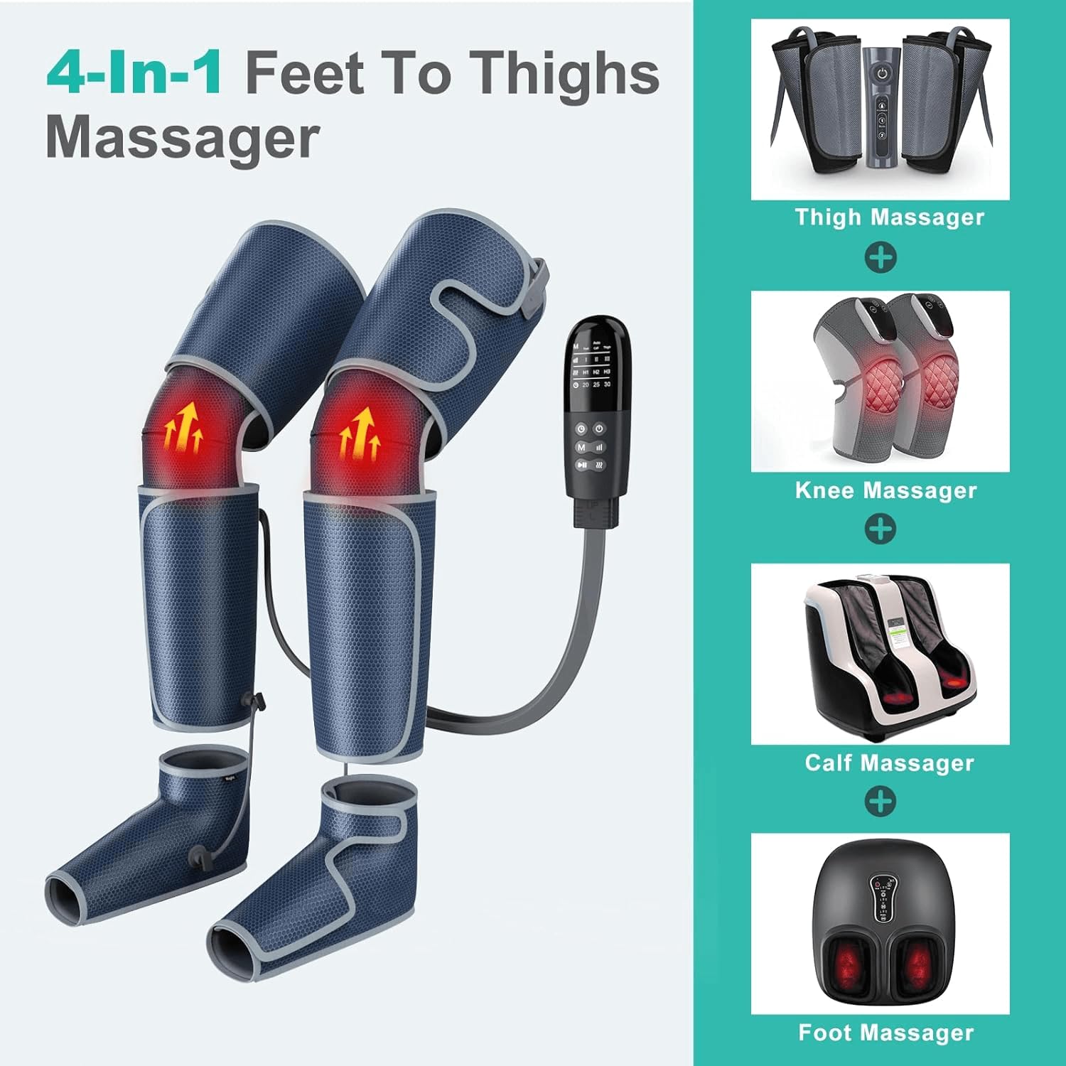 Appareil de massage des jambes avec chaleur pour la circulation sanguine, appareil de massage de compression d'air pour pieds, mollets, cuisses, genoux pour soulager la douleur, 4 modes, 4 intensités