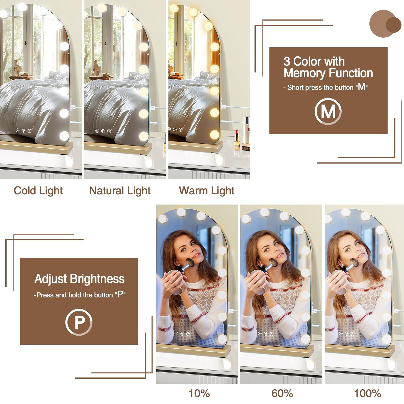 halumao Schminkspiegel mit Beleuchtung 40x60cm Hollywood Spiegel 15 Lampen 3 Farbmodi Gold