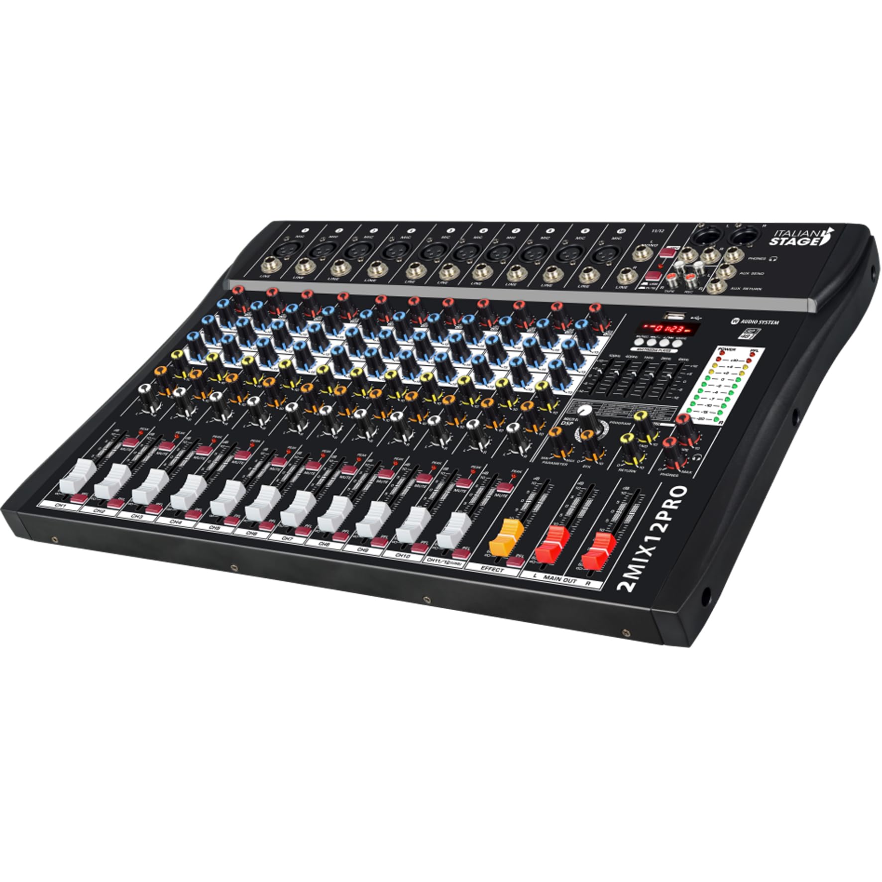 Italian Stage IS 2MIX12PRO - Mixer audio stereo 12 canali + DSP Multi FX, Lettore/registratore USB integrato e Bluetooth, Nero