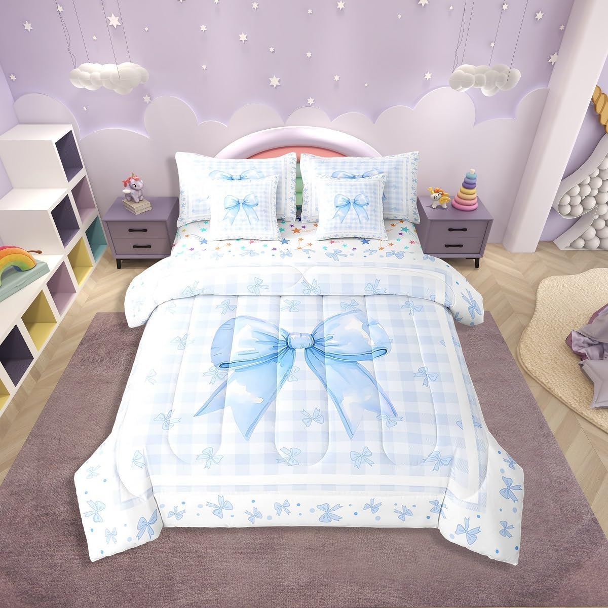 Erosebridal 7 Piece Blue Ribbon Bow Girls Queen Comforter Set with Sheets Kawaii Watercolor Plaid Bow Kids Bedding Set Girly Princess Bowknot Bed in A Bag,Cute Grids Bow Tie Bed Set with Comforter