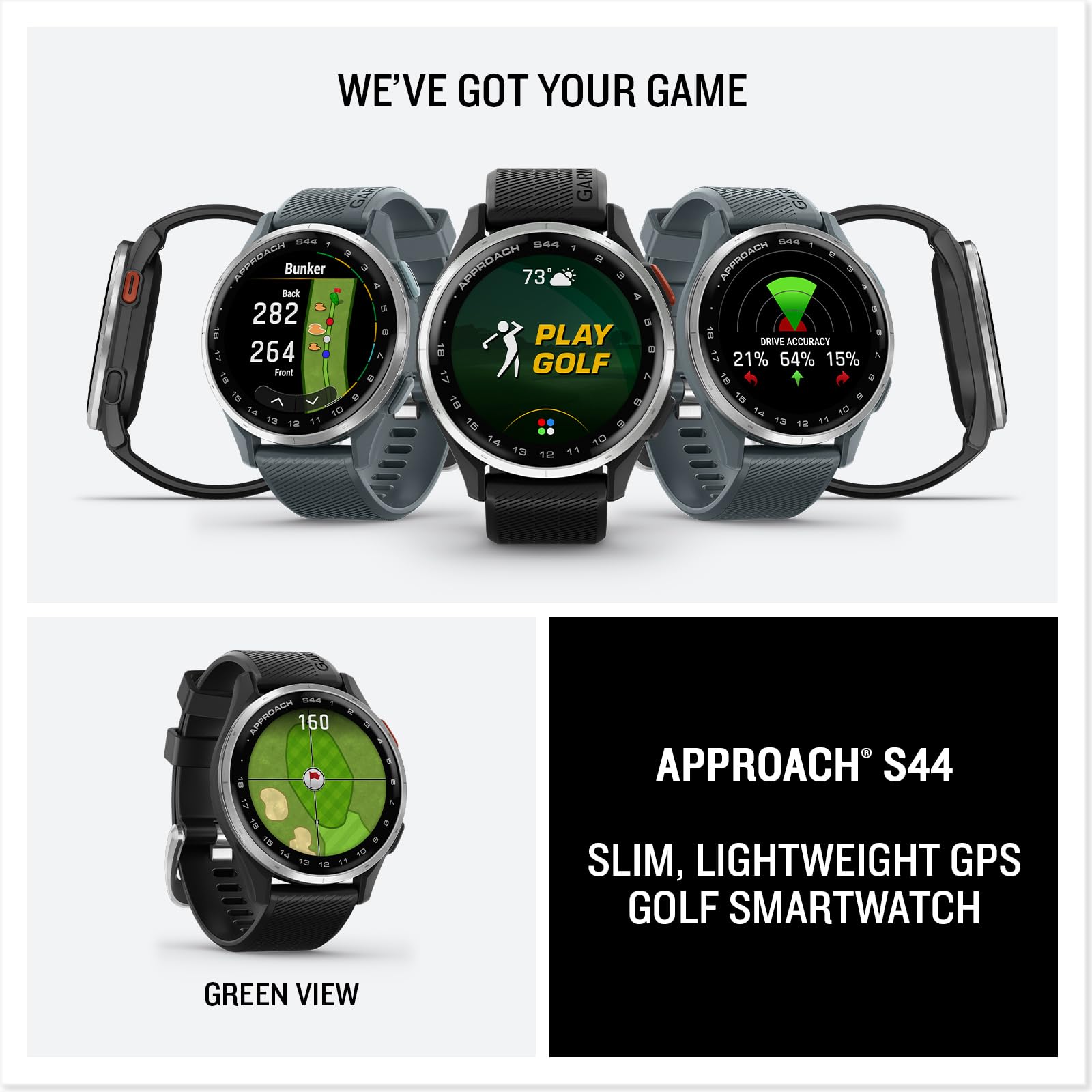 Garmin Approach® S44, Essential Golf GPS Smartwatch, AMOLED Display, On-Course Features, Silver Aluminum Bezel with Black Silicone Band