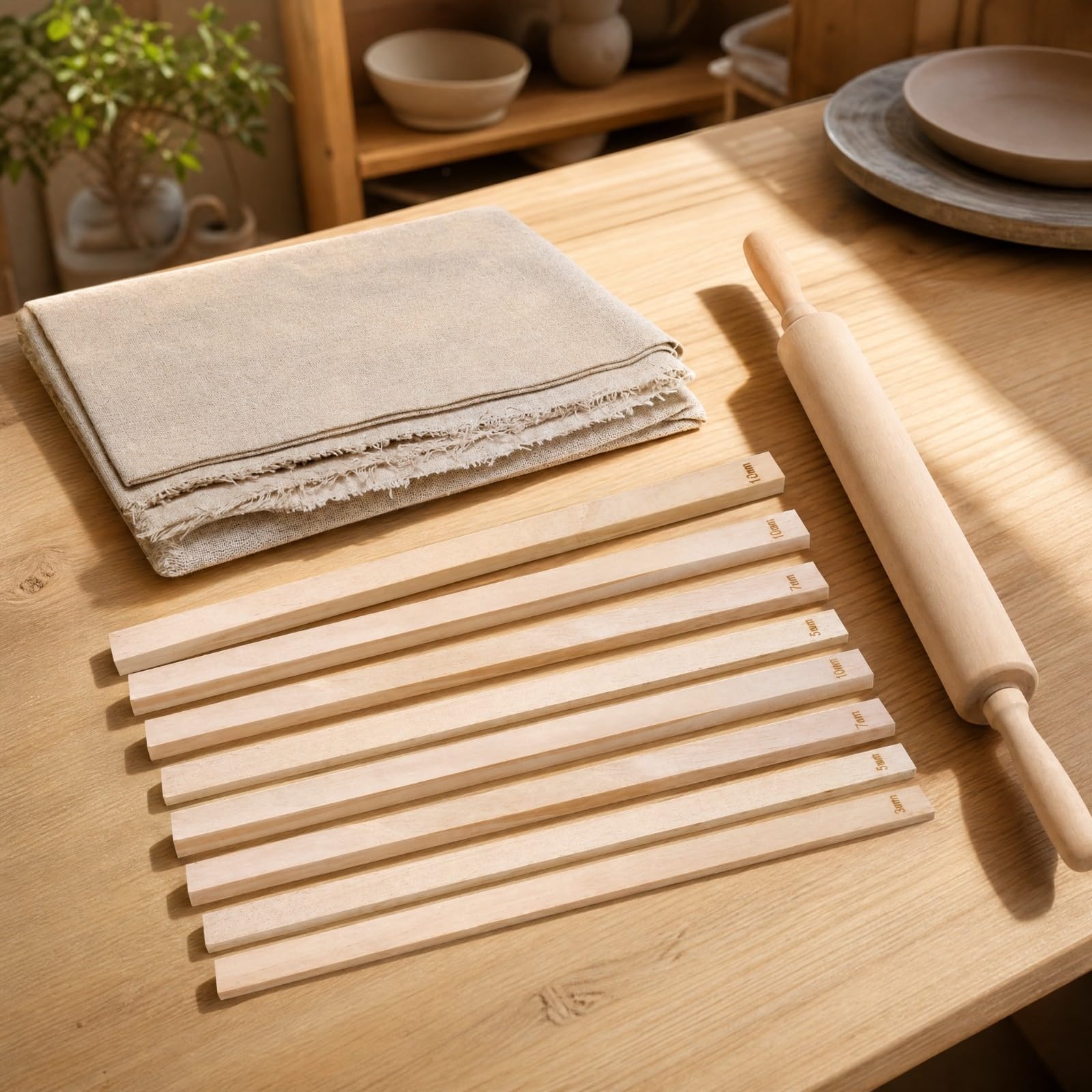 Amagogo Mattarello in Legno di Pino con Guide di Spessore e Tappetino da Lavoro Adatti a Principianti Ed Esperti Resistenti Crepe per Aula Scolastica, Stile A
