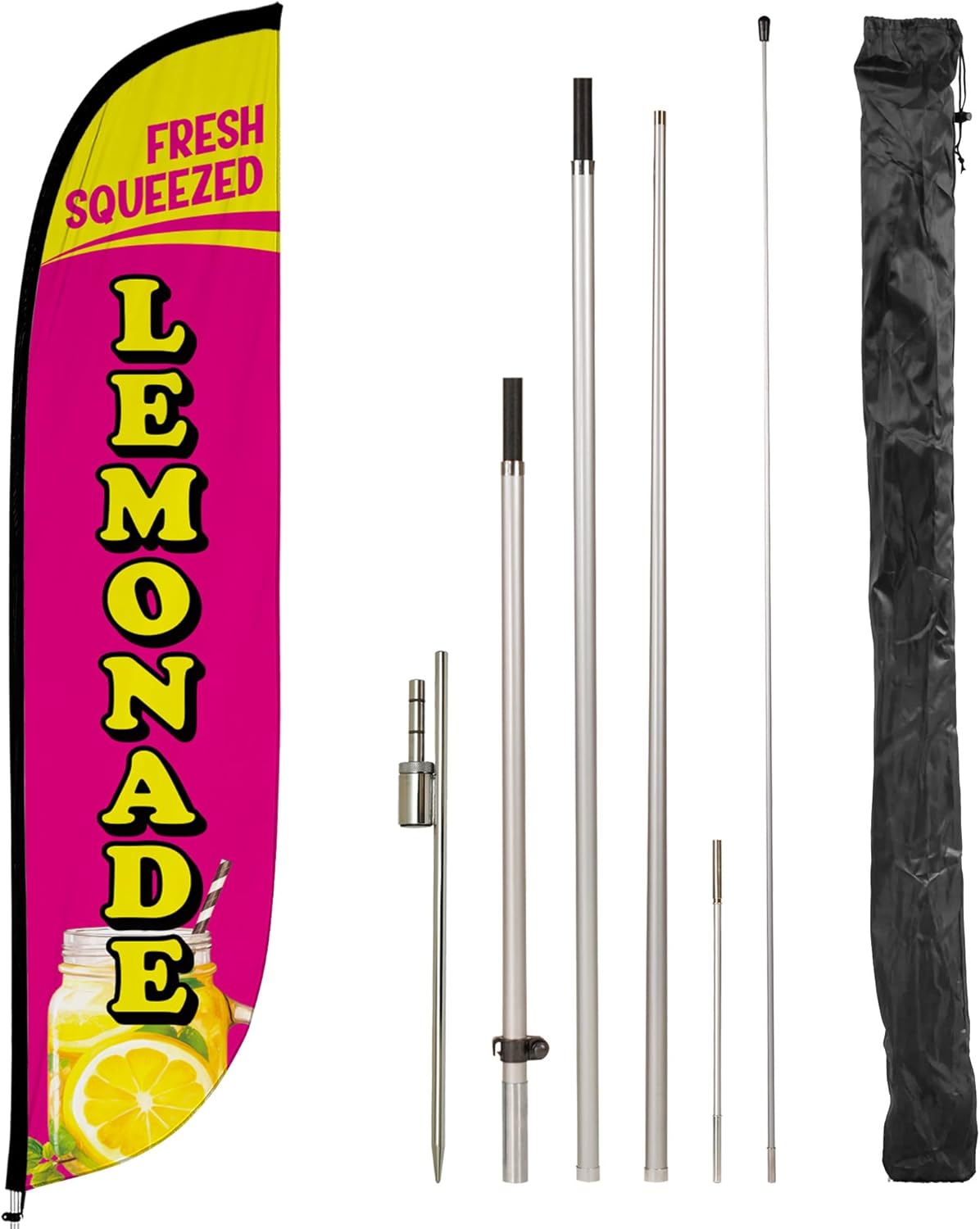 LookOurWay Feather Flag Pole Kit - 12 Feet Tall Advertising Flag Banner with Fiberglass Pole Kit and Rotating Ground Spike for Business Promotion - Juice Flag - Fresh Squeezed Lemonade