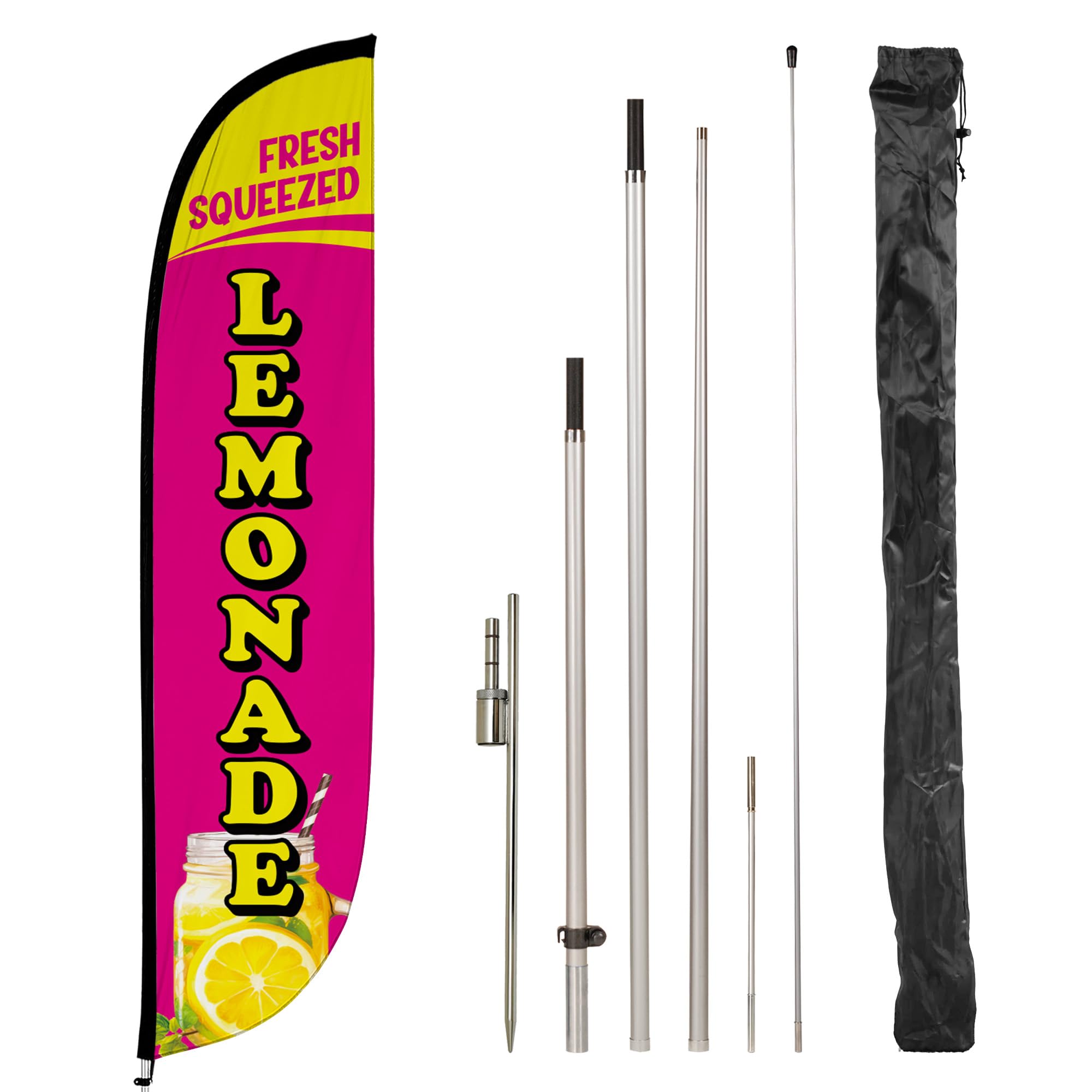 LookOurWay Federflaggenmast-Set – 3,6 m hohes Werbeflaggenbanner mit Fiberglas-Stangen-Set und drehbarem Erdspieß für Geschäftsförderung – Saftflagge – frische gepresste Limonade