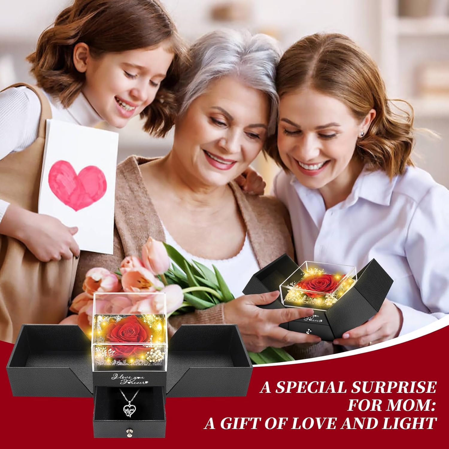 WOKEISE Lighted Preserved Real Rose Flowers with I Love You Mom Necklace, Anniversary Birthday Gifts for Women Mom Grandma,Valentines Mothers Day, Red - Image 5