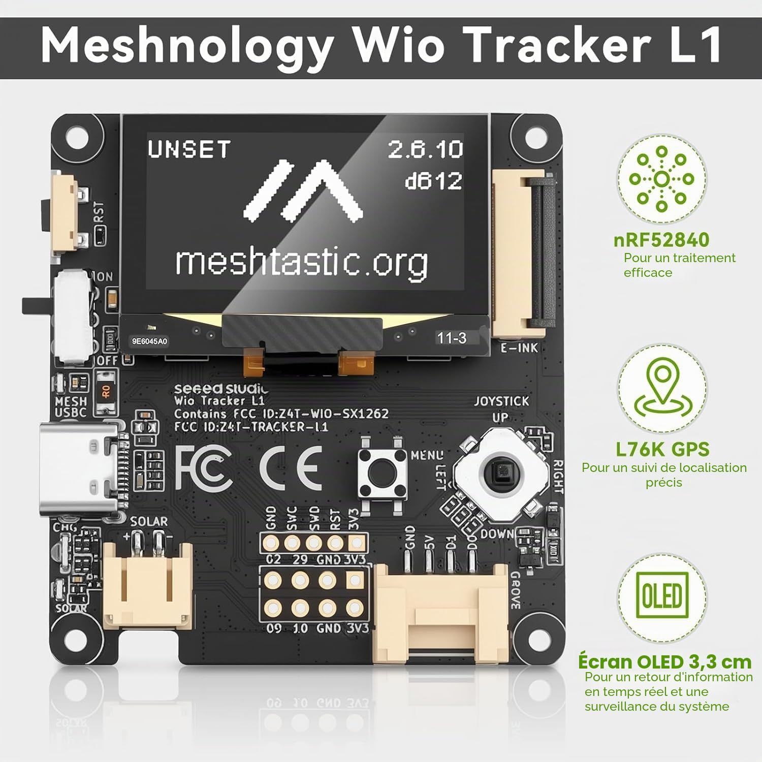 Wio Tracker L1 Board avec batterie 3000 mAh – SX1262 nRF52840 Kit pour AR duino Meshtastic LoRa, Blue Tooth 5.0, GPS GNSS, OLED 1,3", batterie de type C, charge solaire