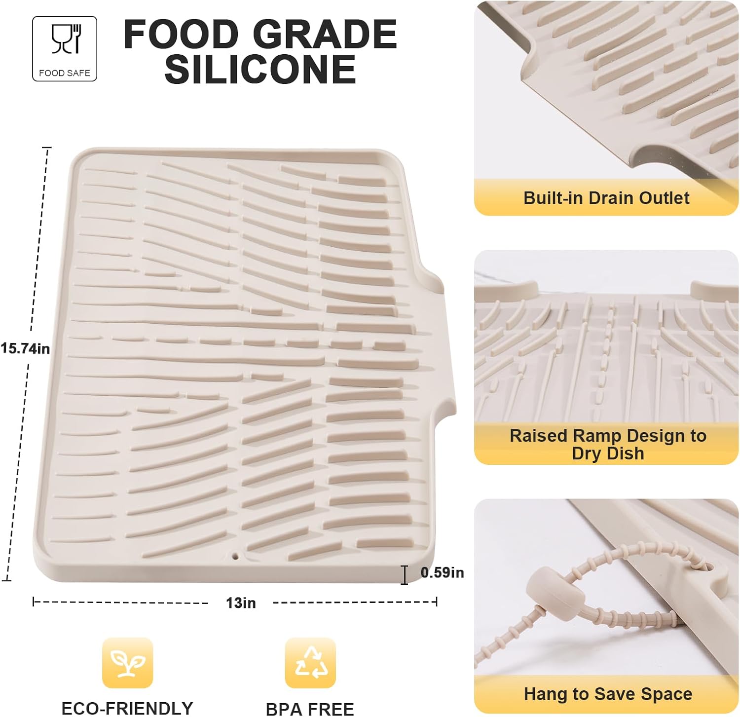 Silicone Dish Drying Mat for Kitchen Counter,Non-Slip Dish Drying Pad with Drain Lip,Heat Resistant Sink drying Mat for Dishes,Large Rubber dish drain mat dish rack mat (Cream,15.8"x13")