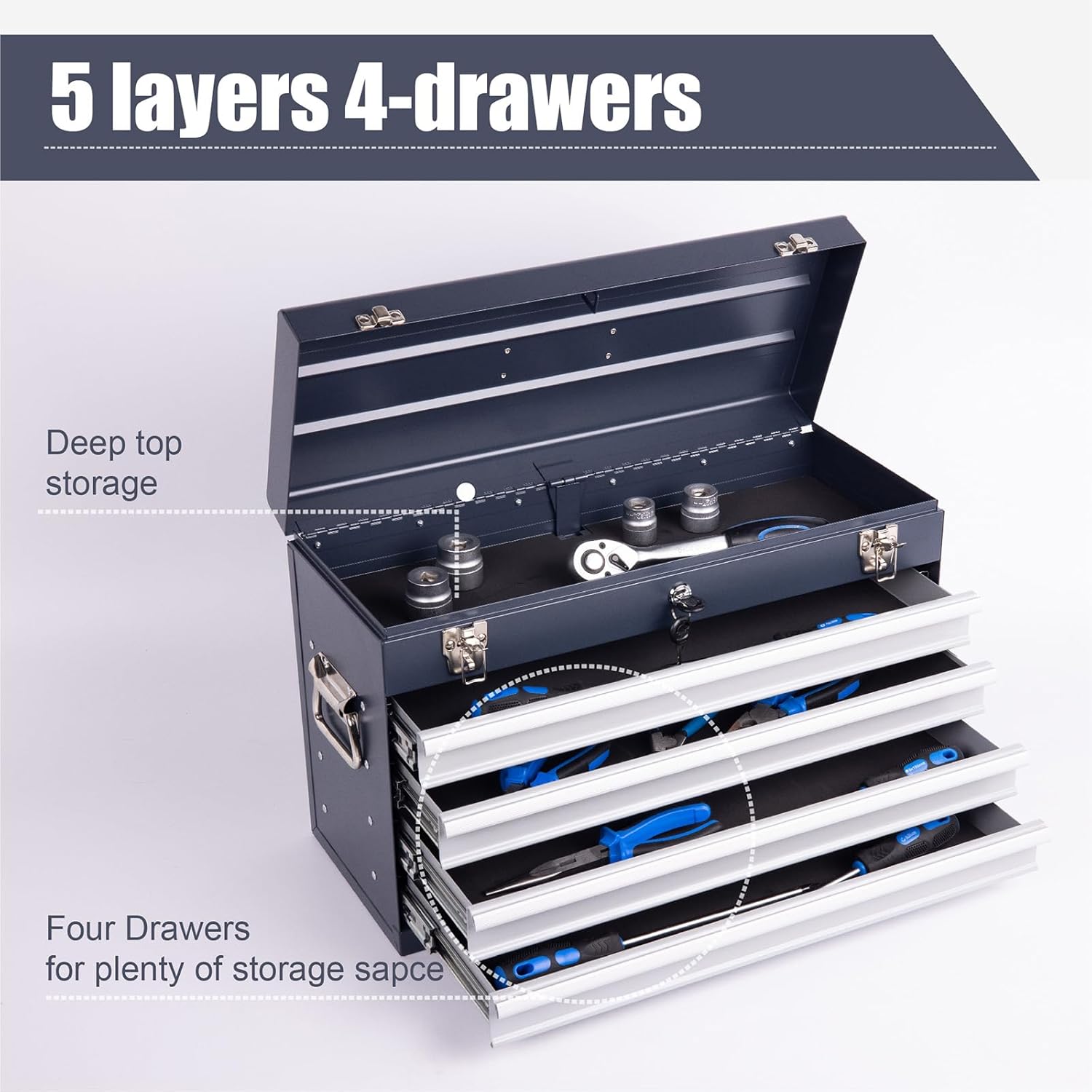 Metal Tool Box with 4 Drawers, 21” Portable Toolbox with EVA Padding, Craftsman Tool Chest with Auto-Locking for Garage Home, Ball Bearing Drawer Slides, 200LBS Capacity (Antique Grey)
