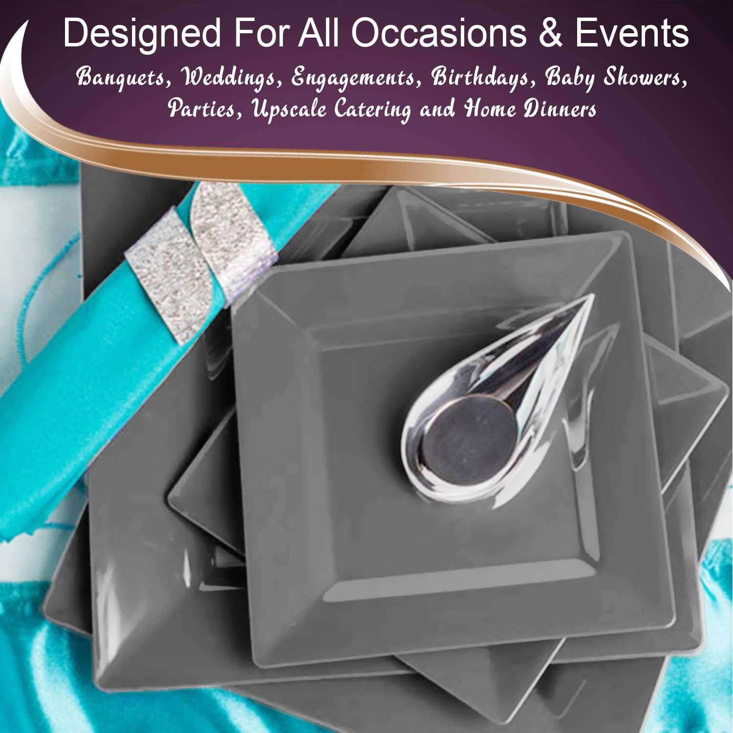 Elegant Disposable Plastic Dinner Plates - 120 Plates - Heavy Duty Fancy Square Silver Dinner Plates - 9.5" Plastic Party Plates For All Occasions