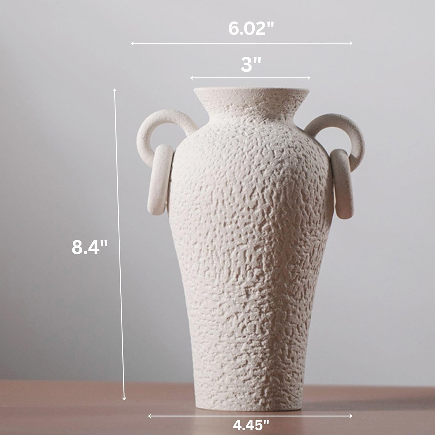 Ceramic Vase - Dual-Ear Handle Ancient Greek Style, Matte White Ceramic with Rustic Texture, Flower Modern Trendy Minimalist Boho Decor for Bookshelf, Dining Table, Coffee Table (Tall Texture)