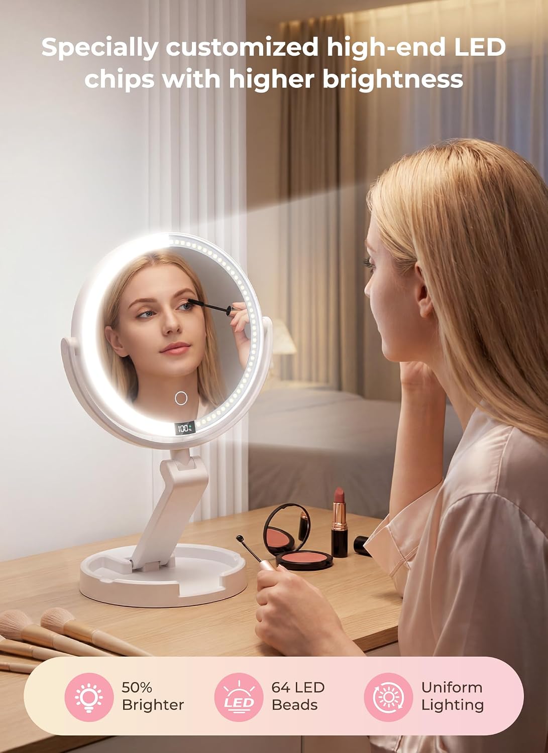 Brightown Lighted Travel Makeup Mirror,1X & 10X Magnification,3 Light Modes