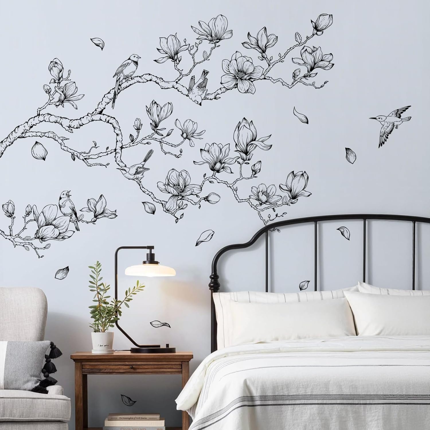 Supzopne Vintage Magnolia Tree Branch Wall Decal - Sketch Black Flower Birds Vinyl Stickers for Living Room Bedroom Home Decor, 40" x 35.4" Removable Peel and Stick Simple Line Wall Art