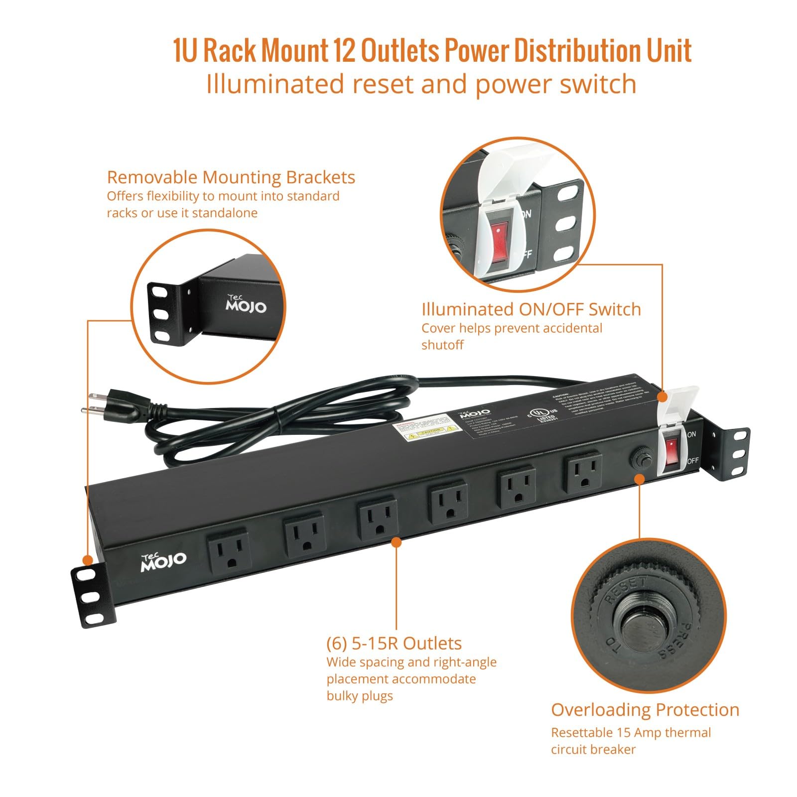 Tecmojo - Fuente de alimentación PDU de calidad de red 1U, 12 enchufes en ángulo recto de gran espacio, disyuntor de 12 A (certificado UL 12 A), cable de 1,8 m con enchufe 5-15P