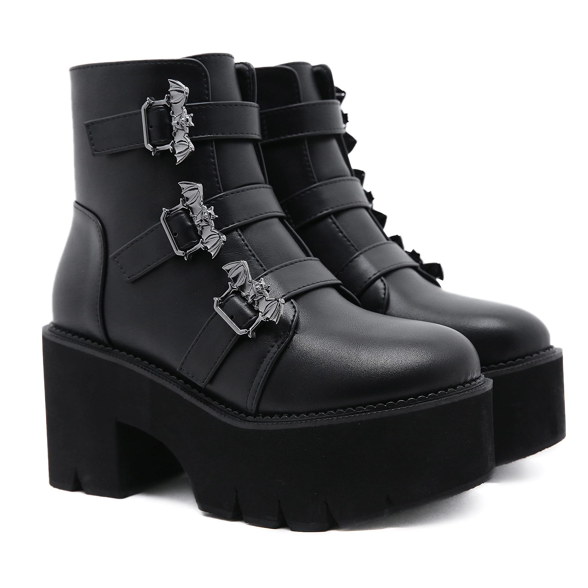 Womens Platform Boots Round Toe Chunky Ankle Boots Punk Boots Lace Up&Zipper Combat Boots