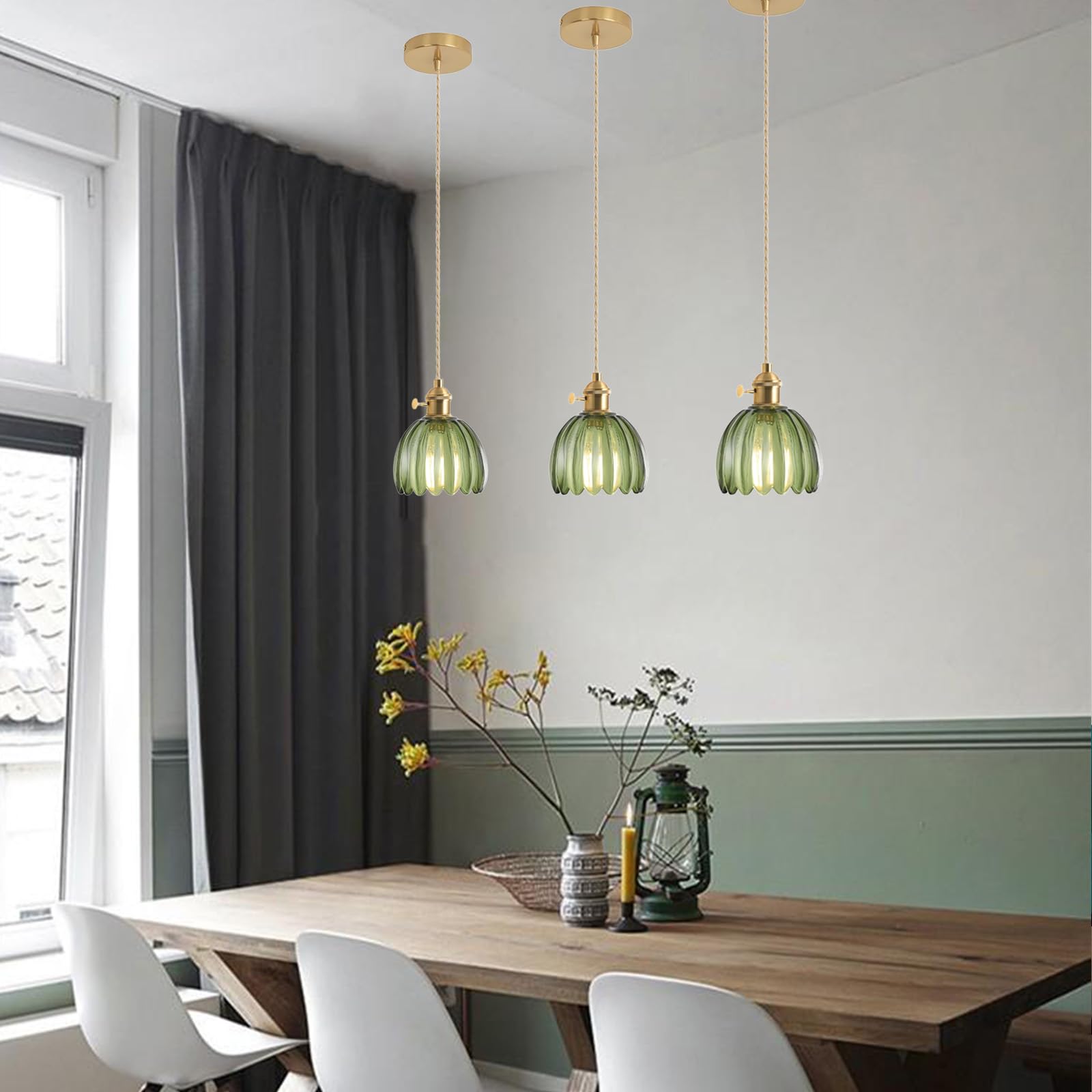 LFsem Mini Flower Glass Pendant Light, Brass E27 Socket with Switch, 150cm Adjustable Cord - Image 4
